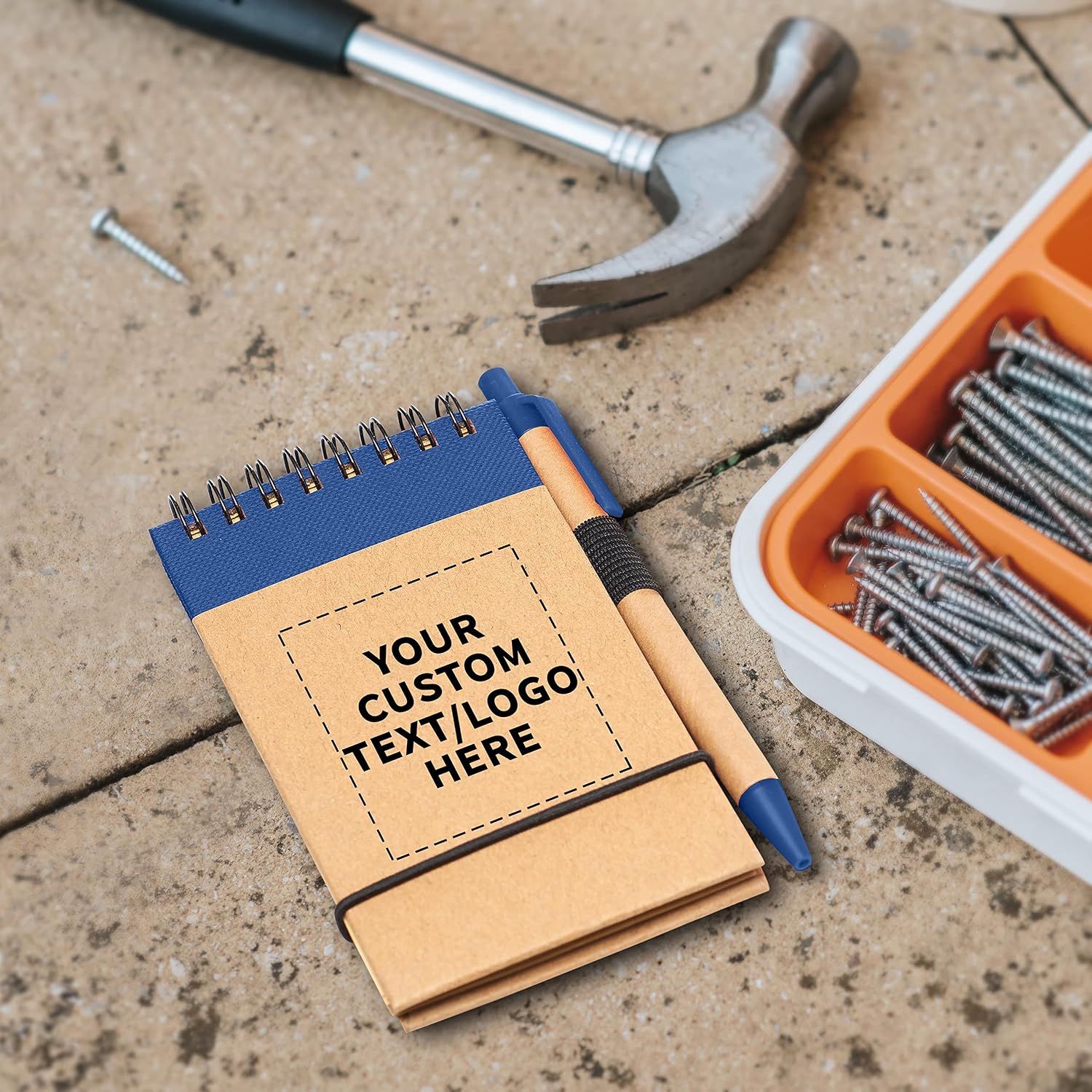 DISCOUNT PROMOS 50 ECO Jotters with Pen Set - Customizable Text, Logo - Recycled Paper, 3 x 5 inches, Minimalist, Handy - Blue