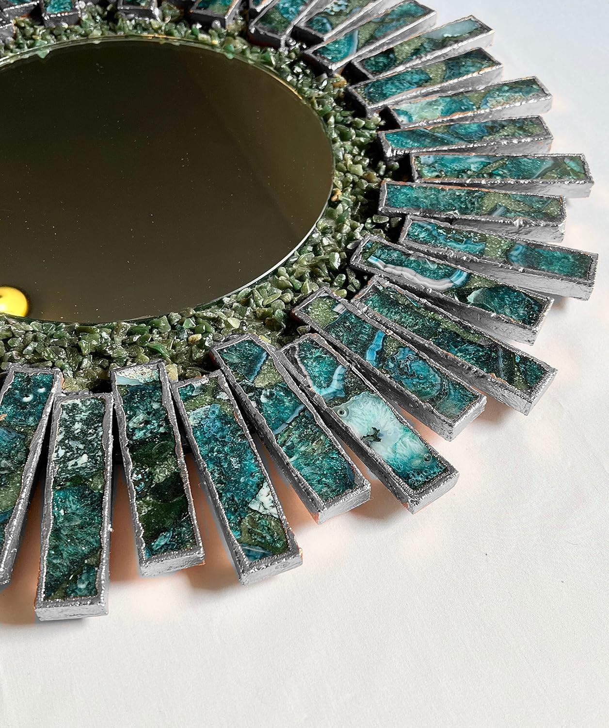 Starburst - Handmade 20" Round Agate Mirror with Blue Green Agate Crystal Gemstones - Silver