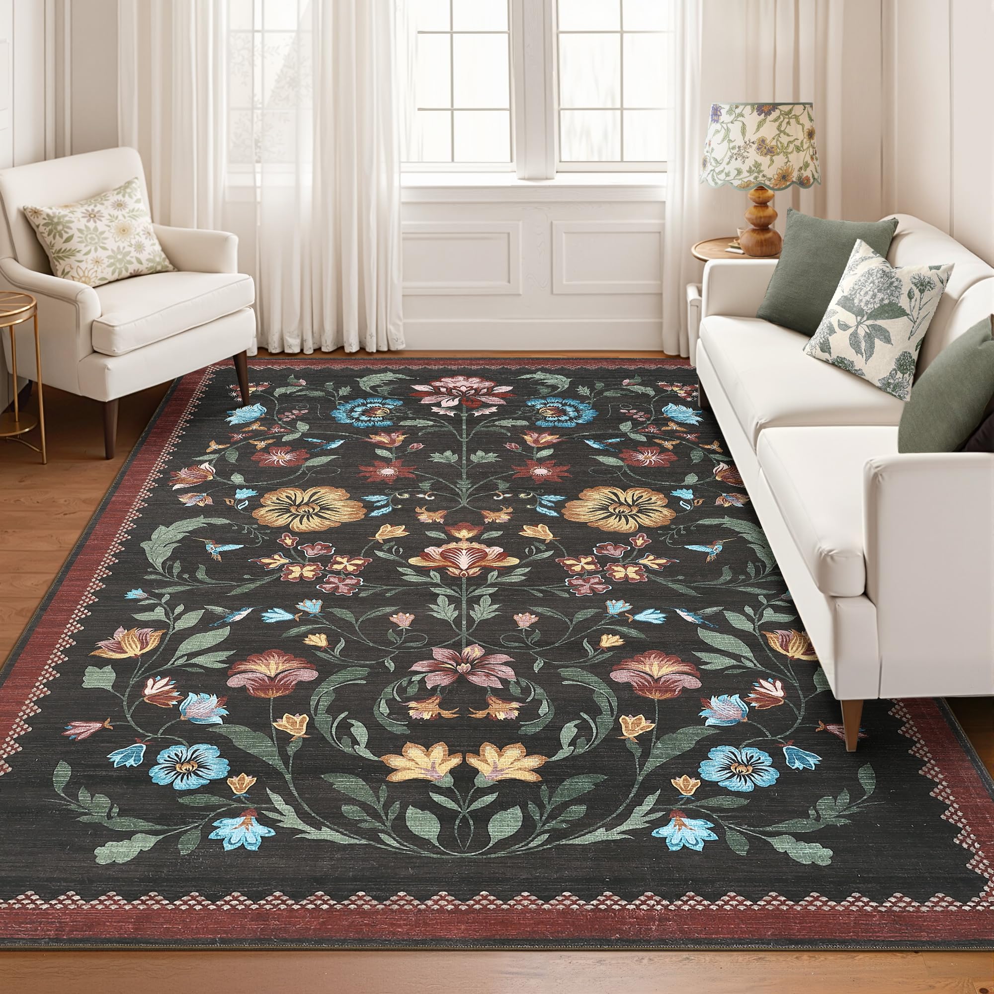 GarveeHome Washable Rug 8x10 Area Rugs for Living Room, Floral Rug for Bedroom, Soft Vintage Non Slip Throw Rugs with Rubber Back, Low Pile Stain
