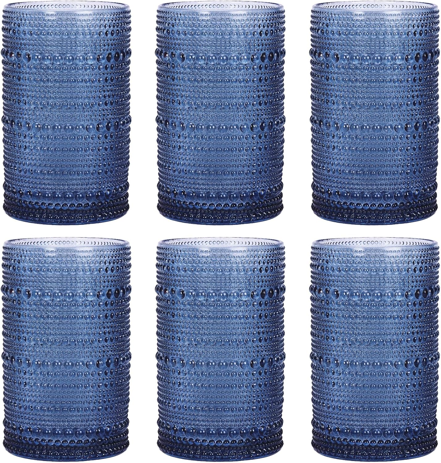 Moretoes Vintage Hobnail Drinking Glasses Set of 6, 15oz Highball Glass Cups, Kitchen Drinkware Glassware,Embossed Water Tumbler,for Beer,Cocktail,Whiskey,Juice and Various Mixed Drinks(Gray)