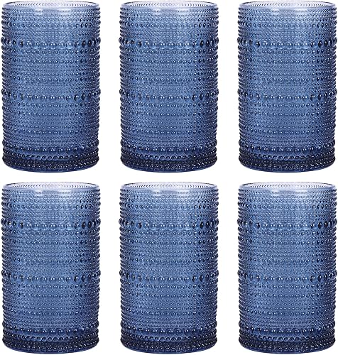 Moretoes 12 Oz Vintage Hobnail Drinking Glasses Set of 6 | Blue Highball Glasses Clear Embossed Boho Water Glass Cups Kitchen Bar Tumbler Glassware Set for Whiskey, Beer, Juice, Milk