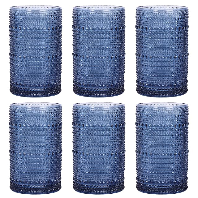 Moretoes Vintage Hobnail Drinking Glasses Set of 6 12 Oz Highball Glasses Clear Embossed Boho Water Glass Cups