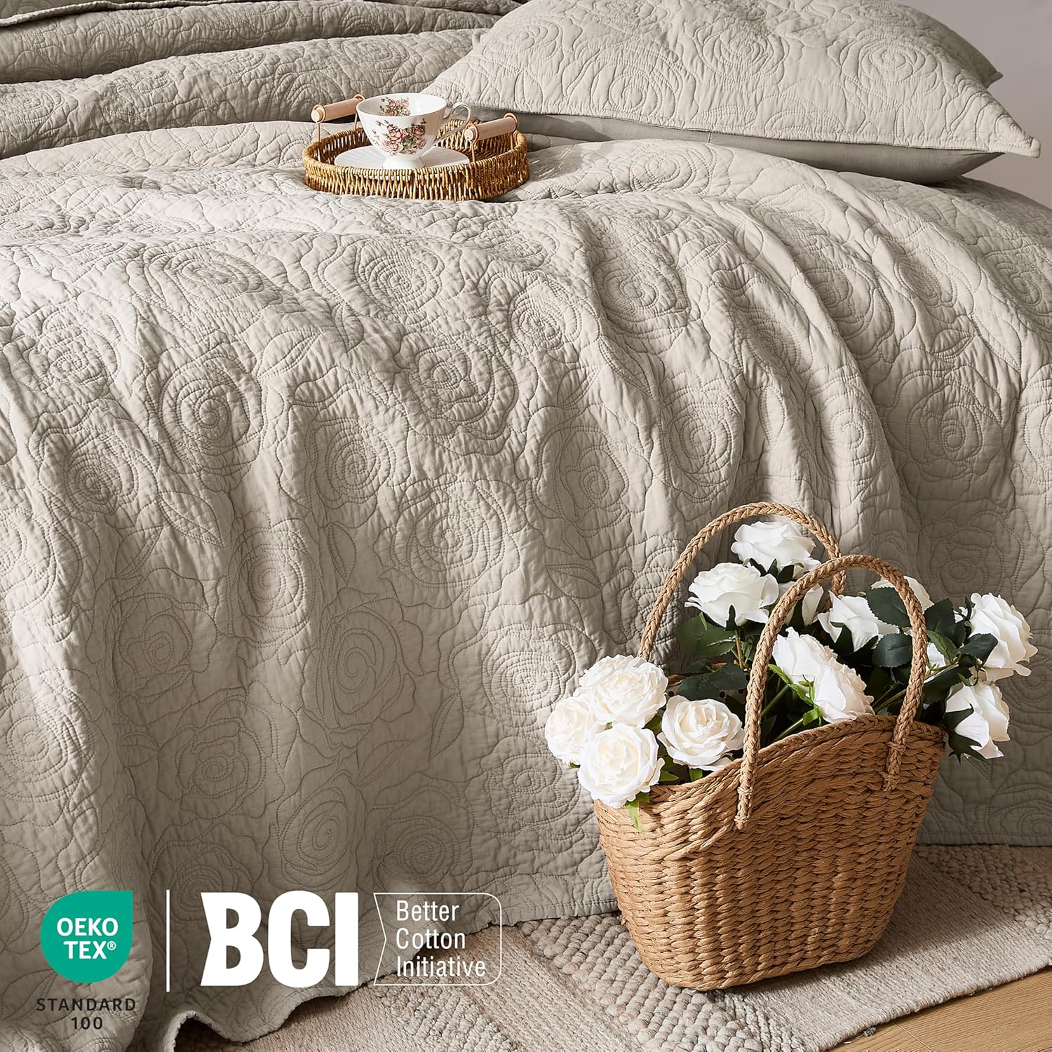 WDCOZY Beige 100% Cotton Quilt King Size Bedding Sets with 2 Pillow Shams, Floral Rosette Lightweight Bedspread Soft Farmhouse Patterned Coverlet Quilted Comforter Bed Cover for All Season, 3 Pieces