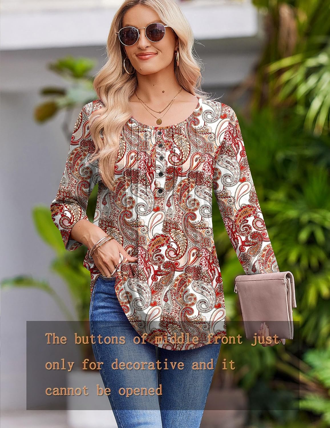 Zeagoo 3/4 Length Sleeve Womens Tops Round Neck Casual Summer Tunic Tops Basic Tees Blouses Dressy T-Shirts Pleated Shirts - Image 5