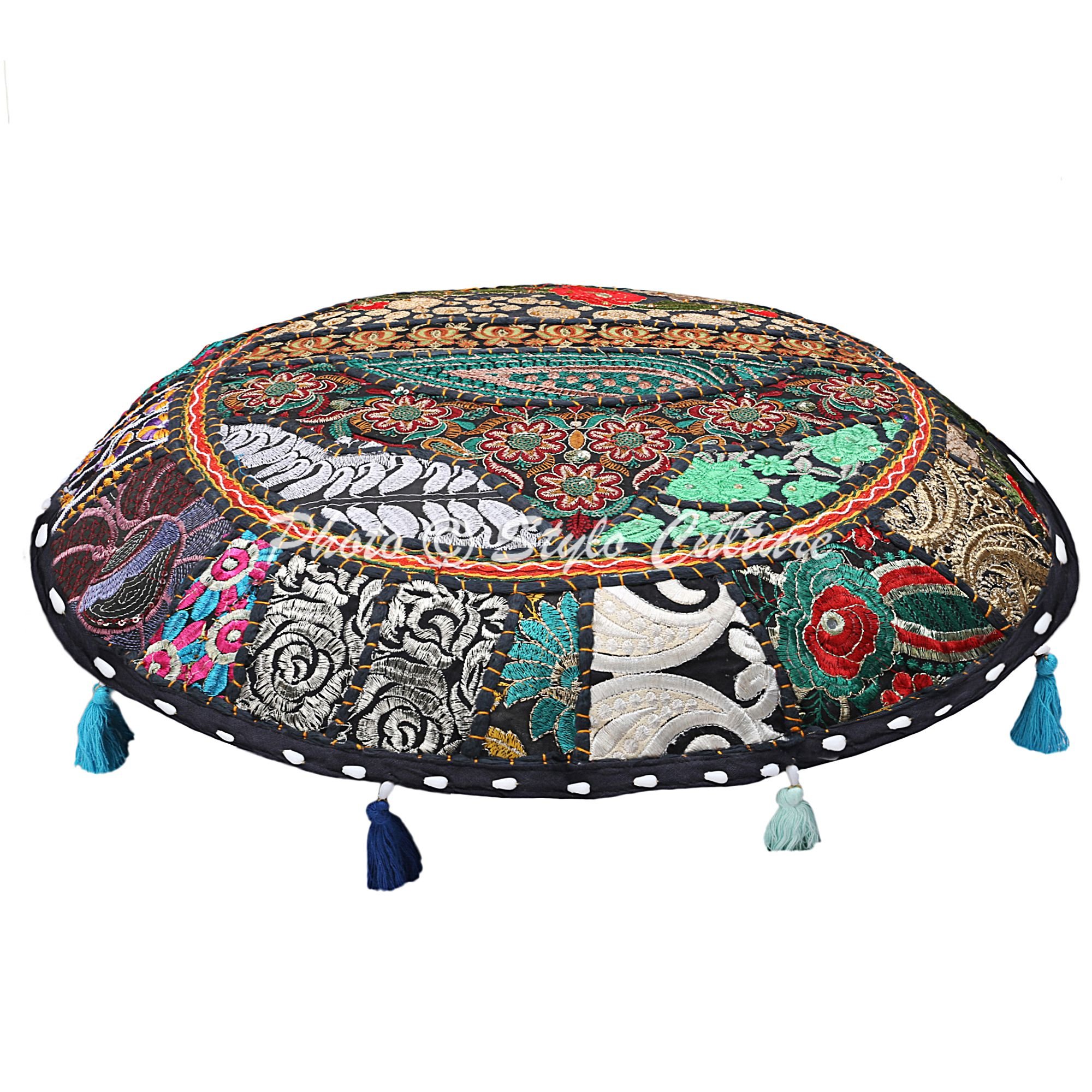 Ethnisches Bodenkissen 55x55 Cm – Handgesticktes Patchwork, Vintage Grau | Boho Sitzkissen, Pouf, Meditationskissen
