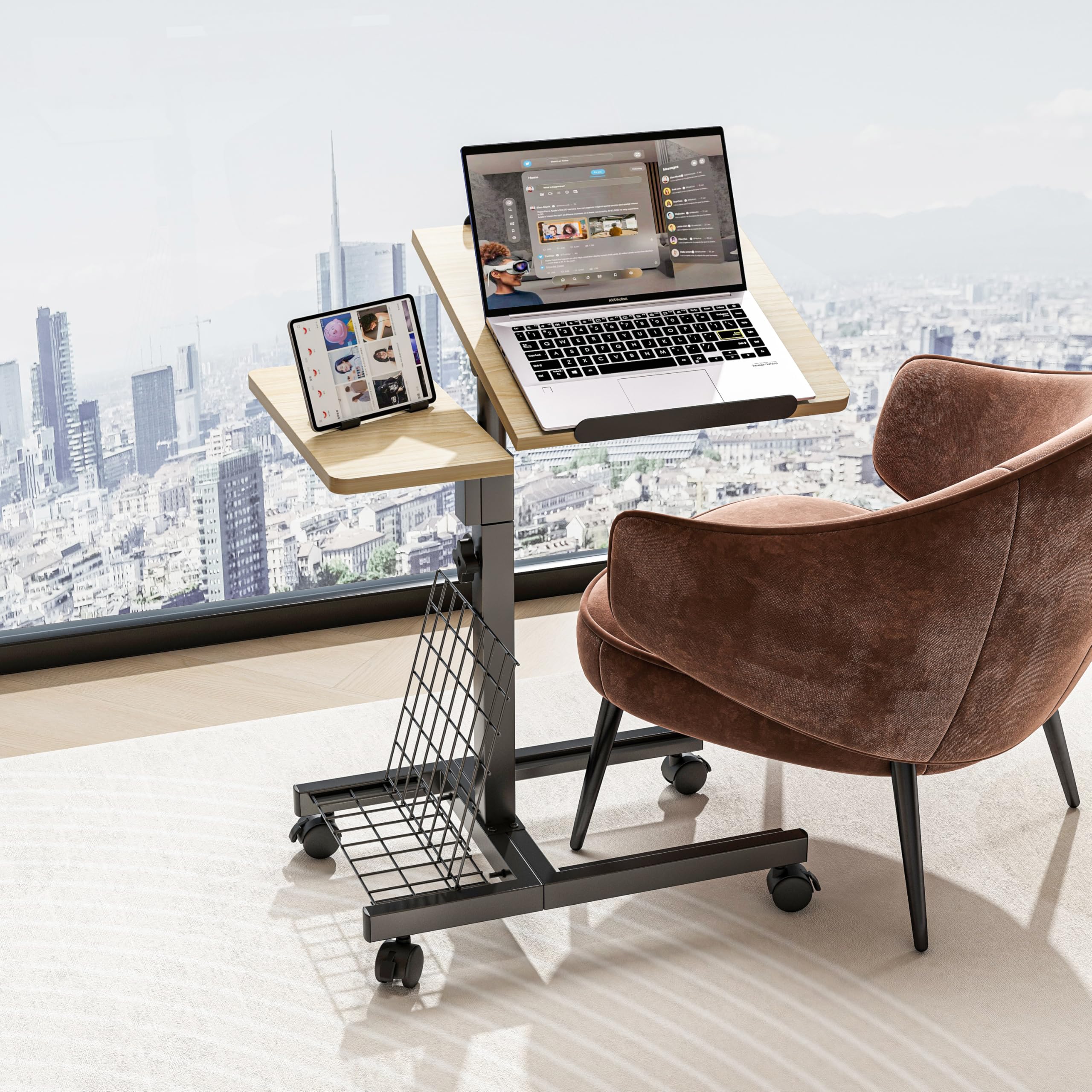 Over The Bed Table with Wheels Small Side Table Laptop Stand for Sofa Bed Desk Medical Overbed Table Rolling Cart-Log