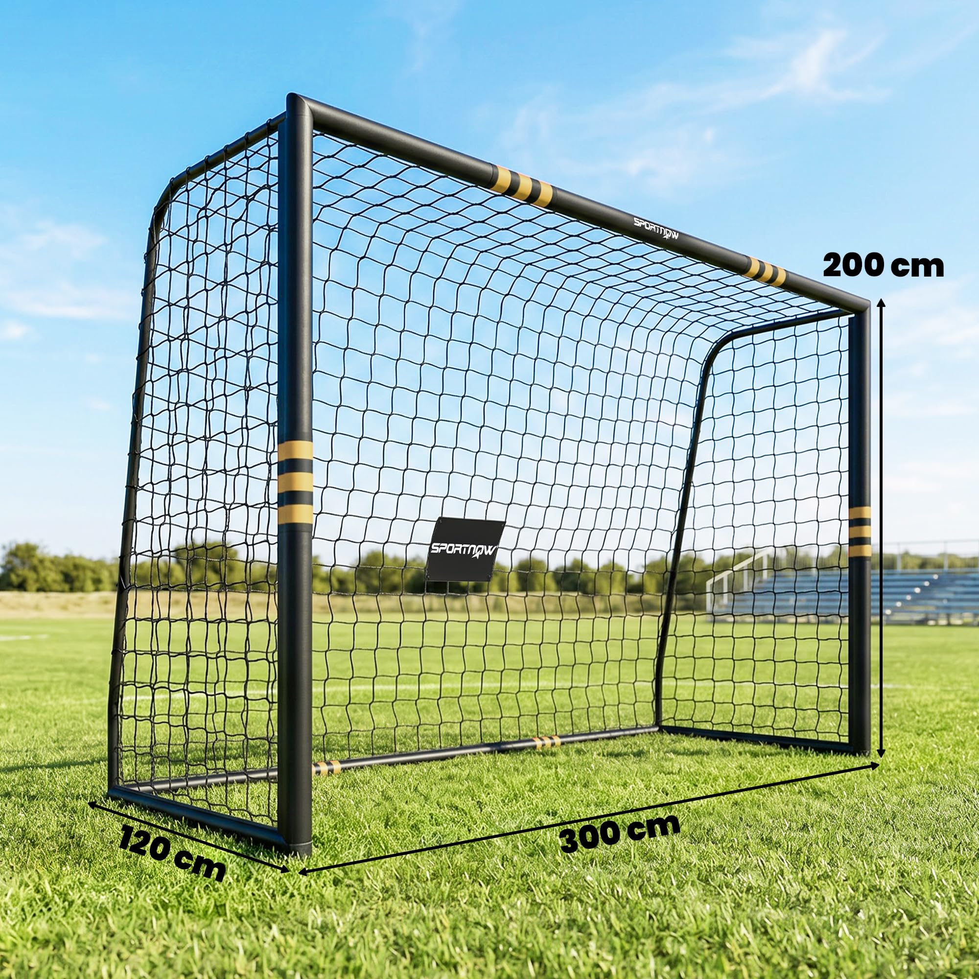 SPORTNOW Portería de Fútbol, con Red 300x120x200 cm Negro y Amarillo | Portería de Fútbol para Jardín, Piquetas de Suelo, Acolchado EPE, Estructura Metálica, Montaje Fácil, Interior y Exterior
