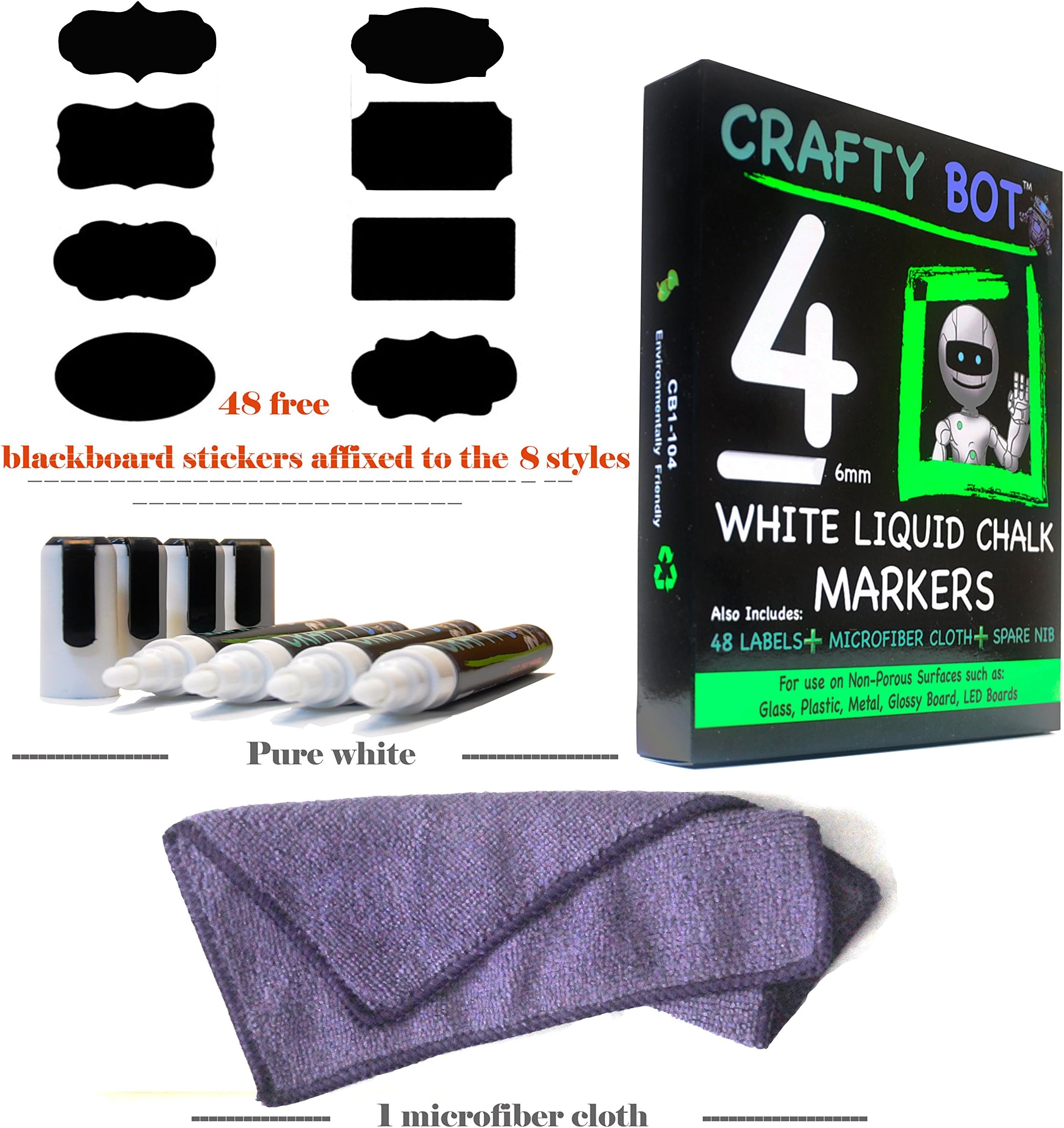 Crafty Bot Liquid Chalk Markers Pack of 4 White 8G Ink with Free 48 Chalk Board Labels, Microfiber Cloth, Reversible Bullet and Chisel 6mm Tip