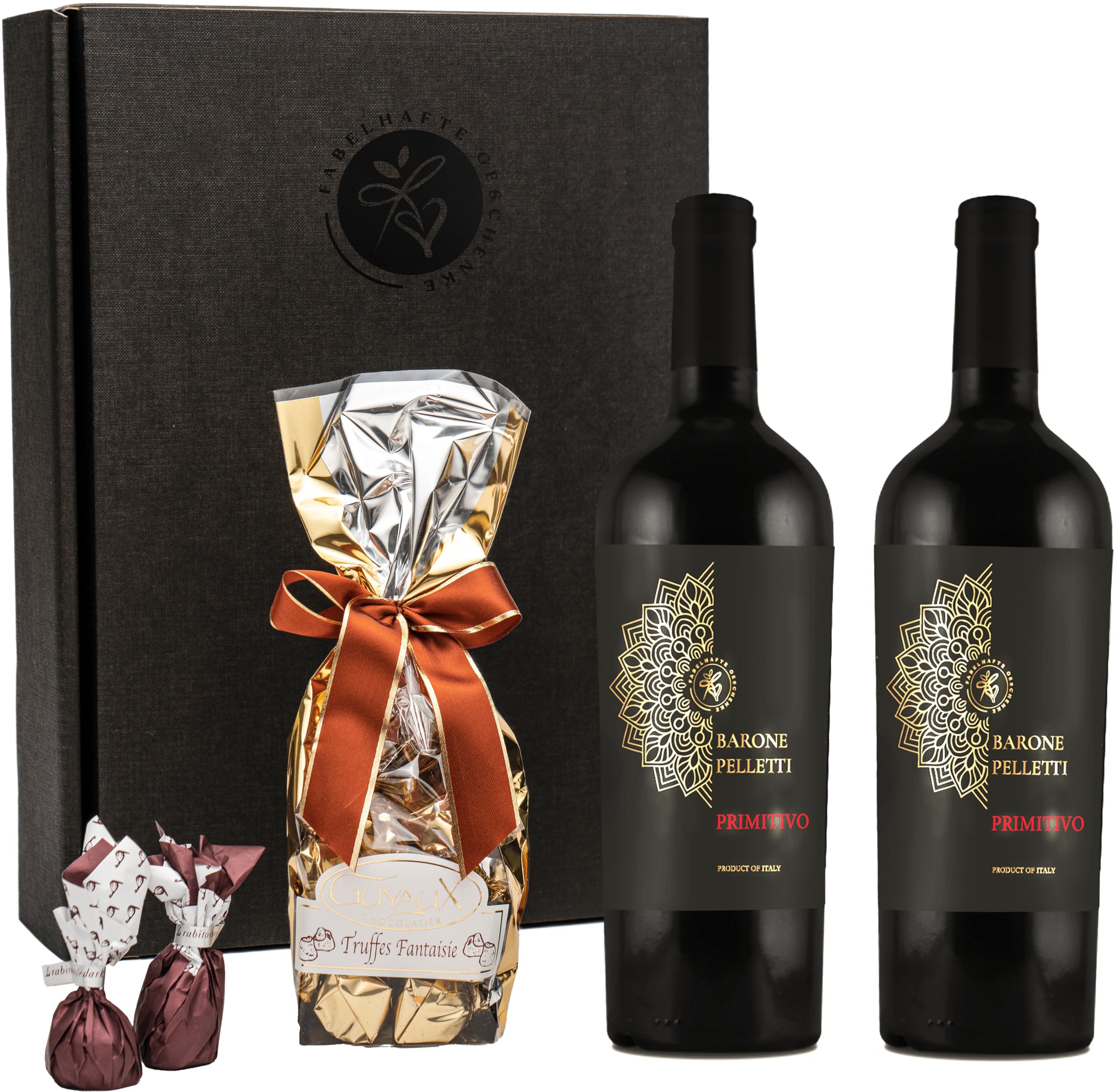 Geschenkset Rotwein Primitivo Barone Pelletti mit Schokoladentrüffeln & Feigen in Schokolade | Präsentkorb Wein & Schokolade | Edles Geschenk für Genießer, Männer & Frauen, Geburtstag, Weihnachten