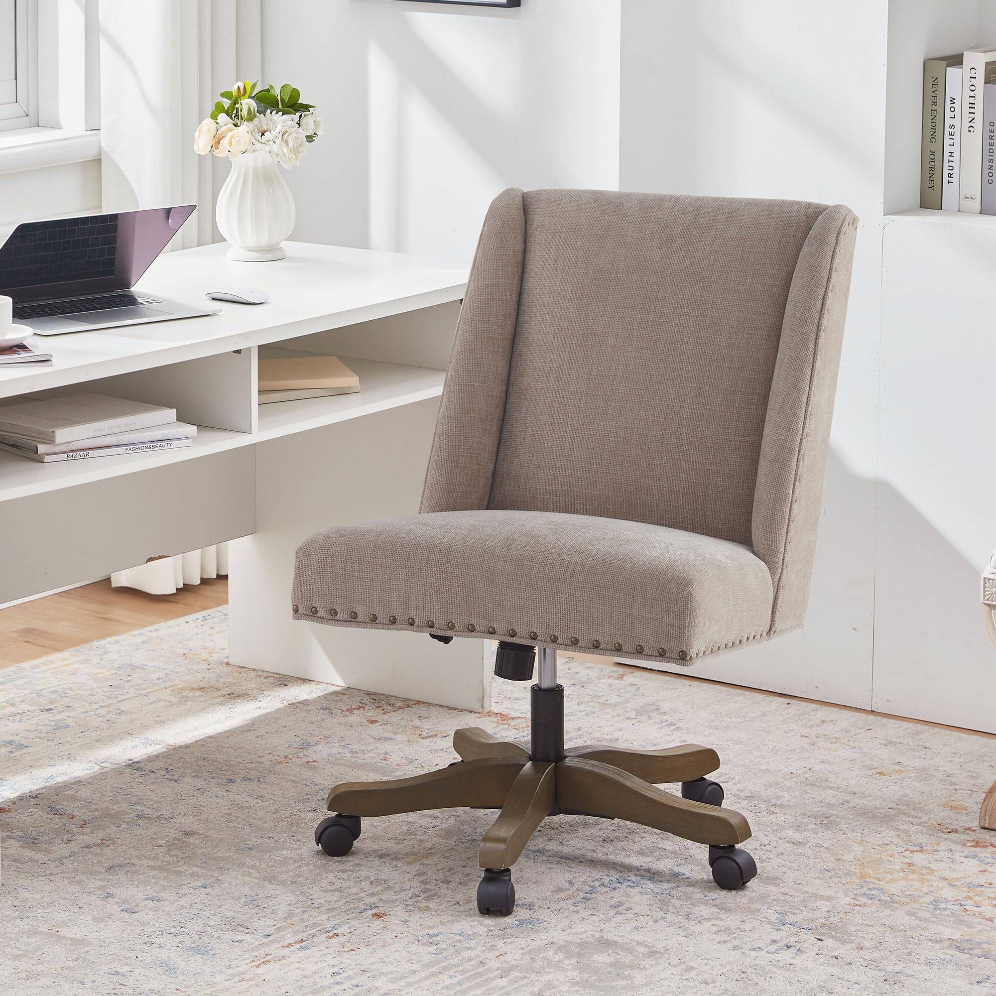 zihanhome upholstered armless office chair with wooden legs, modern adjustable home office desk chair computer chair swivel chair for home office study studio (brown)