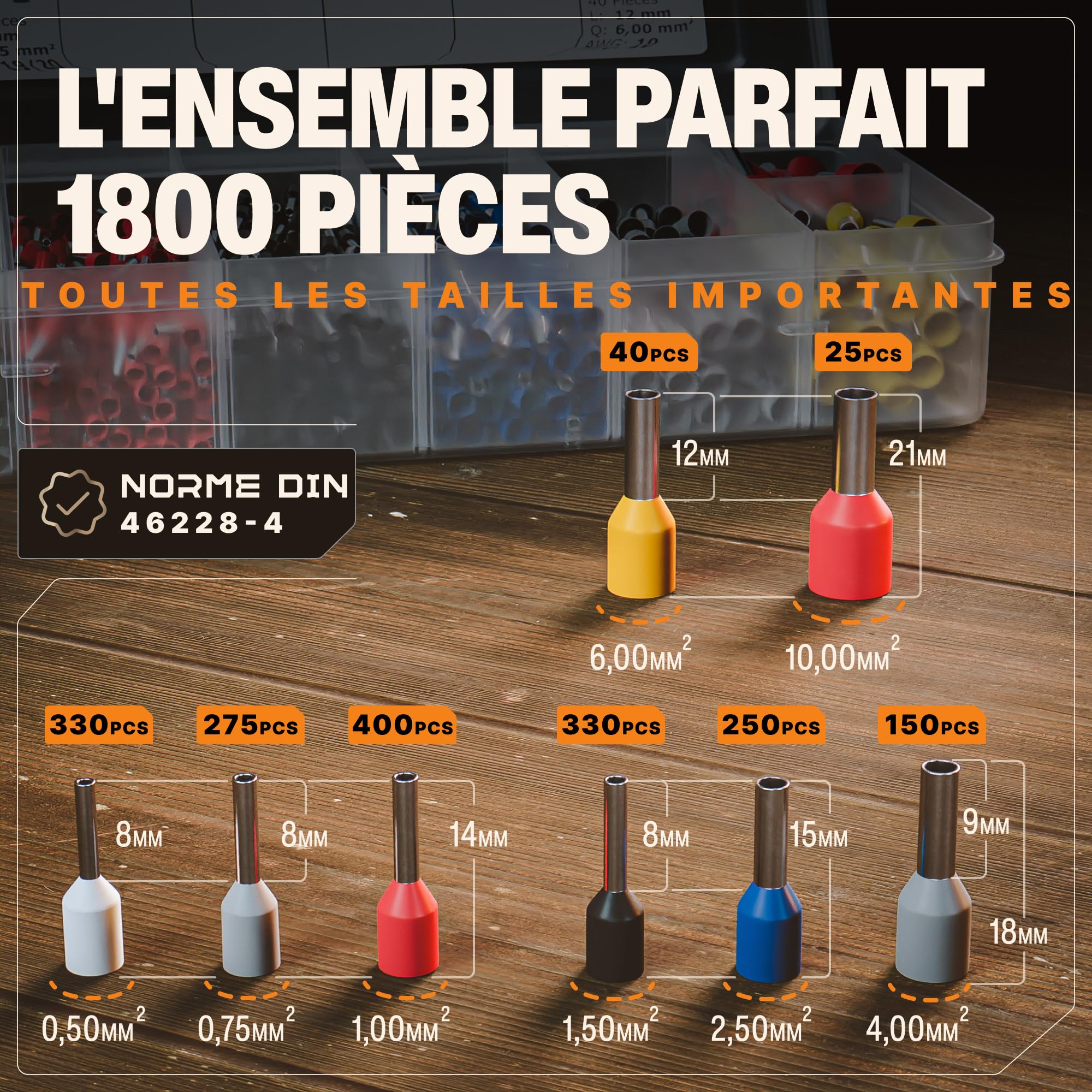 BAURIX® Pince à Sertir avec 1800 Embouts de Câble - [0,25-10mm²] Pince à Embout Auto-Réglable - Pince à Sertir les Embout fil electrique souple - Sertisseuse Electrique - Pince Automatique