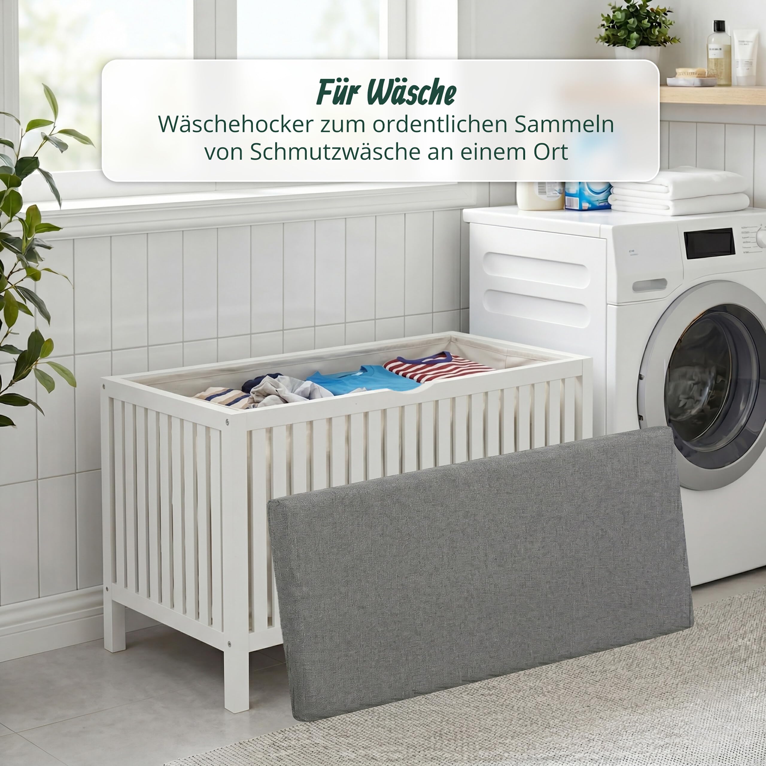 Relaxdays Wäschekorb zum Sitzen, Walnuss, gepolsterter Deckel, HBT: 50 x 100 x 38 cm, Badhocker mit Stauraum, weiß/grau