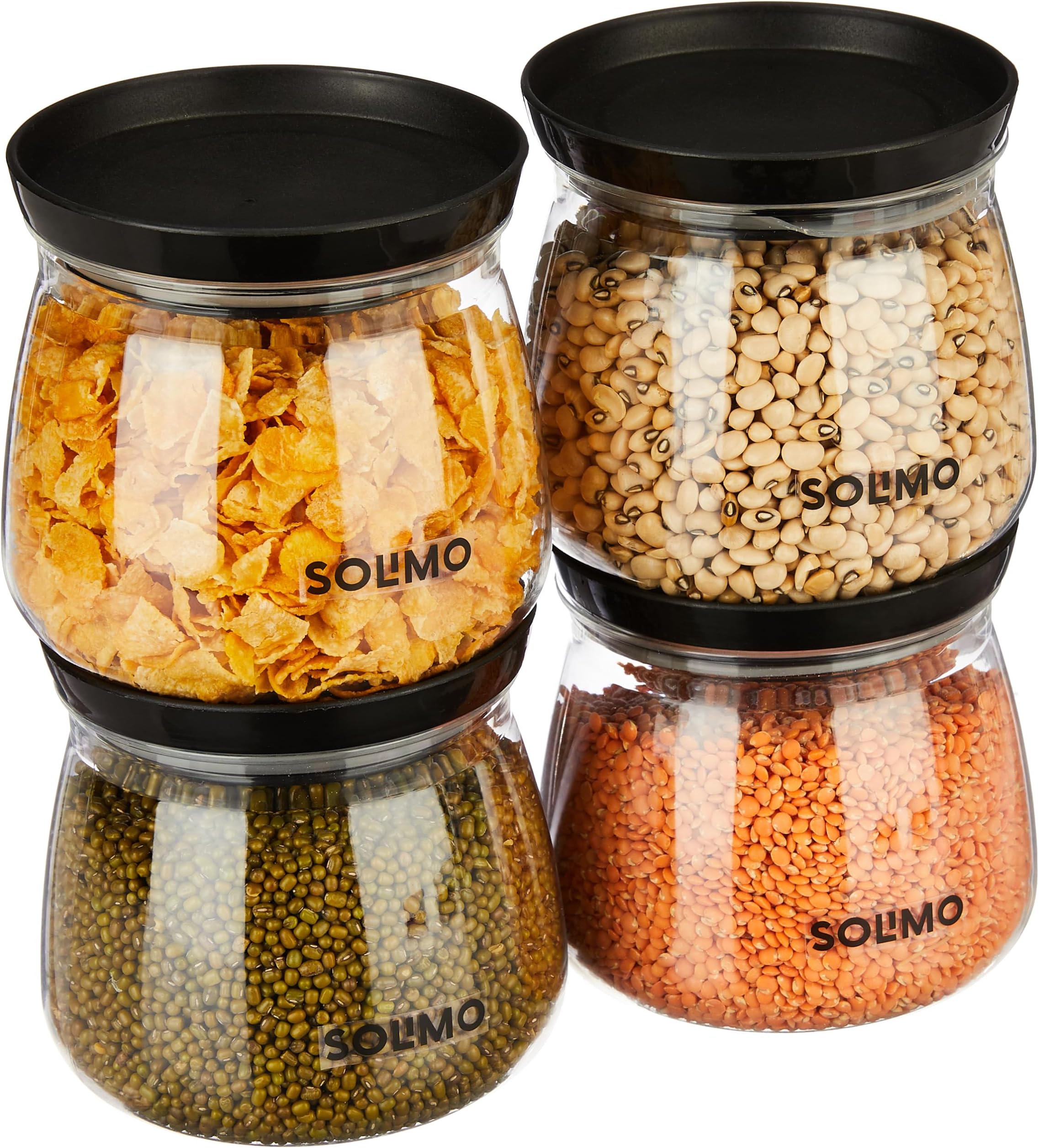 Amazon Solimo Plastic Storage Jar and Container Set I Air Tight & BPA Free Containers for Kitchen Storage Set I Grocery Kitchen Container Set I Multipurpose Jar | 800 Ml Each | Set 4 | Black