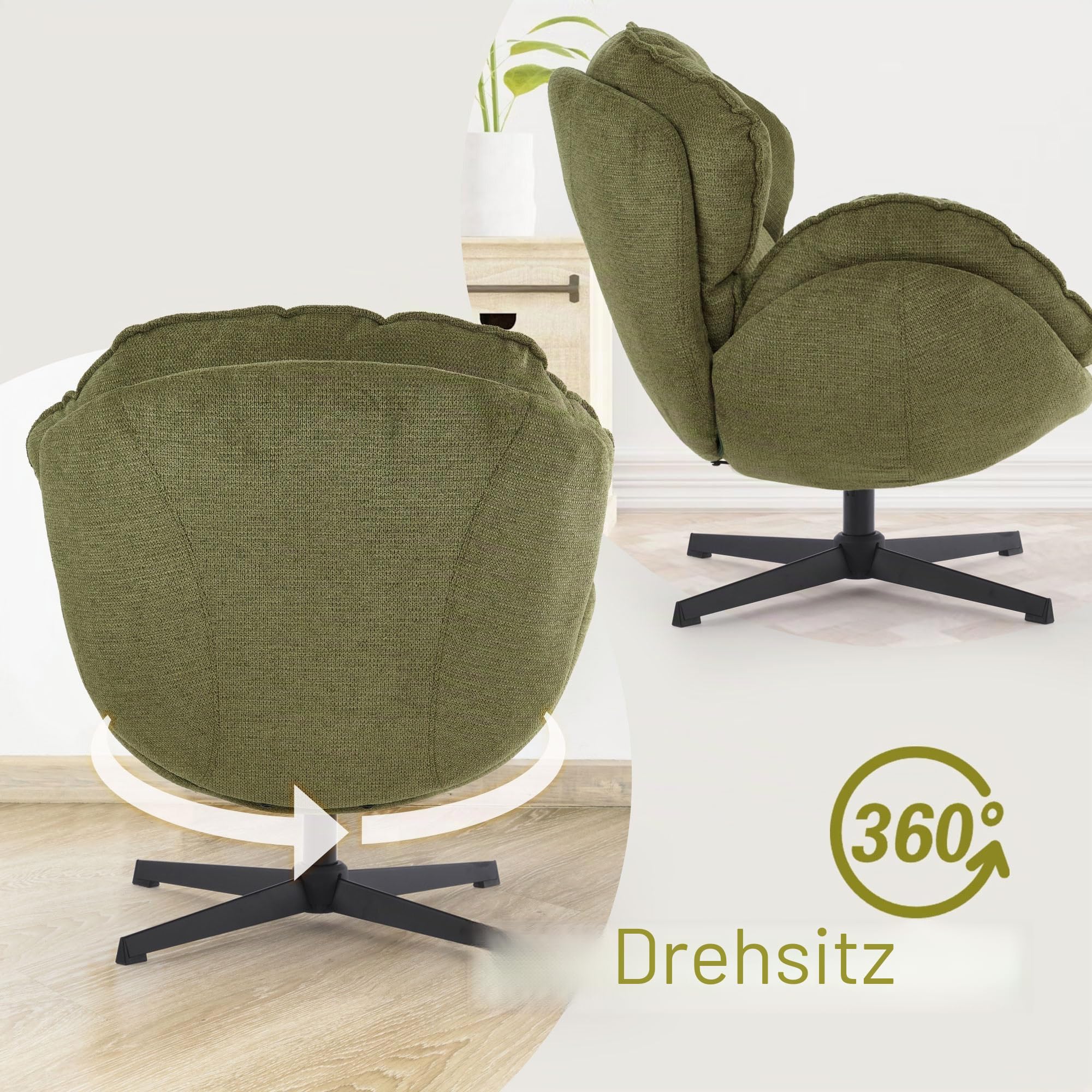 IWMH Sessel Wohnzimmer 360°Drehbar, Loungesessel Schlafzimmer, Polsterstuhl mit Breiter Sitzfläche, Ohrensessel mit Metallbeinen, Relaxsessel Lesesessel für Wohnzimmer Schlafzimmer Büro (Grün)