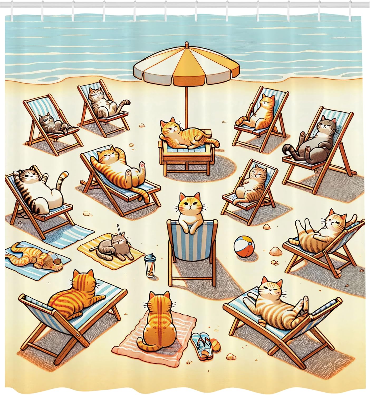 Ambesonne Cat Shower Curtain, Summer Time Fun Cartoon Sandy Beach Scene with Happy Kittens in Sun Beds, Cloth Fabric Bathroom Decor Set with Hooks, 69" W x 75" L, Beige Orange Pale Blue