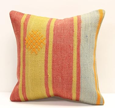 Throw Kilim Pillow Cover 16x16 inch Decorative Nomadic Boho Design Throw Accent Vintage kelim Interior Design Retro Anatolian Natural Dye Cushion Cover