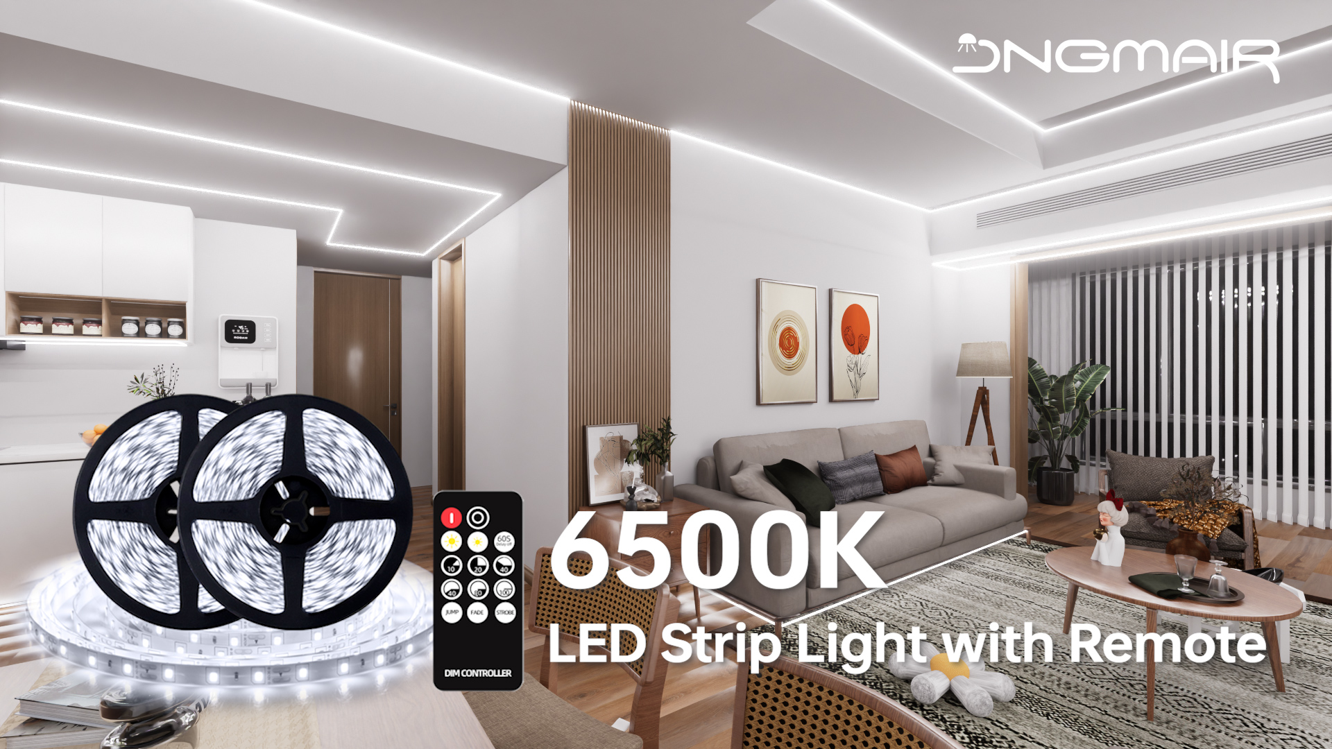 Image of 66ft LED Strip Lights with Remote, 6500K Daylight White Dimmable Tape Lights, 12V 1200 LEDs 2835 Strong Adhesive Rope Lights for Cabinet Kitchen Ceiling Closet Vanity Mirror Stairway Basement