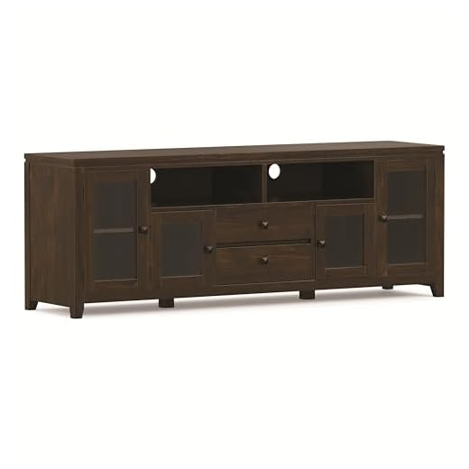 SIMPLIHOME Cosmopolitan SOLID WOOD Universal TV Media Stand, 72 inch Wide, Contemporary, Living Room Entertainment Center with Storage, for Flat Screen TVs up to 80 inches in Mahogany Brown