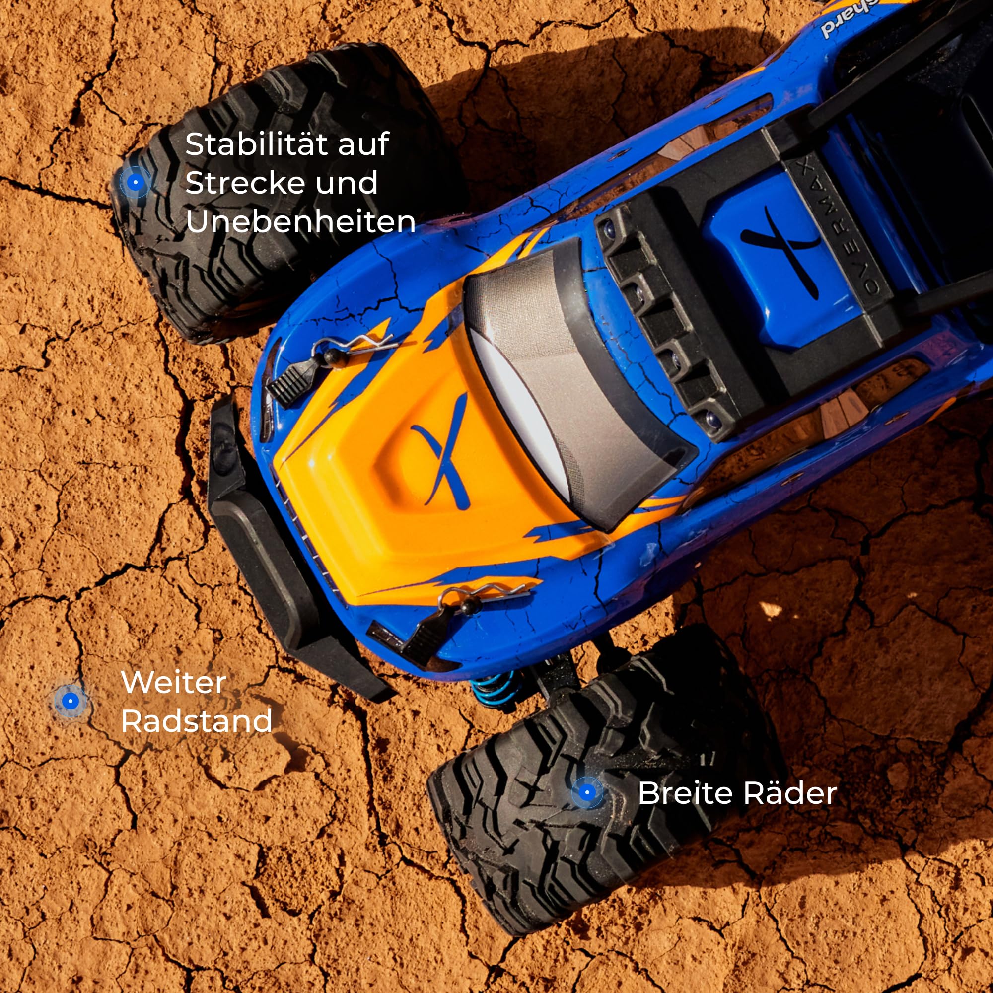 Overmax X-Shard Ferngesteuertes Auto 4WD 1:16 Offroad, bis zu 30 km/h, mit | Tempobegrenzer, 2,4 GHz RC Monster Truck mit Metallantrieb, Stoßdämpfern, 90 m Reichweite, für Kinder ab 6 Jahren