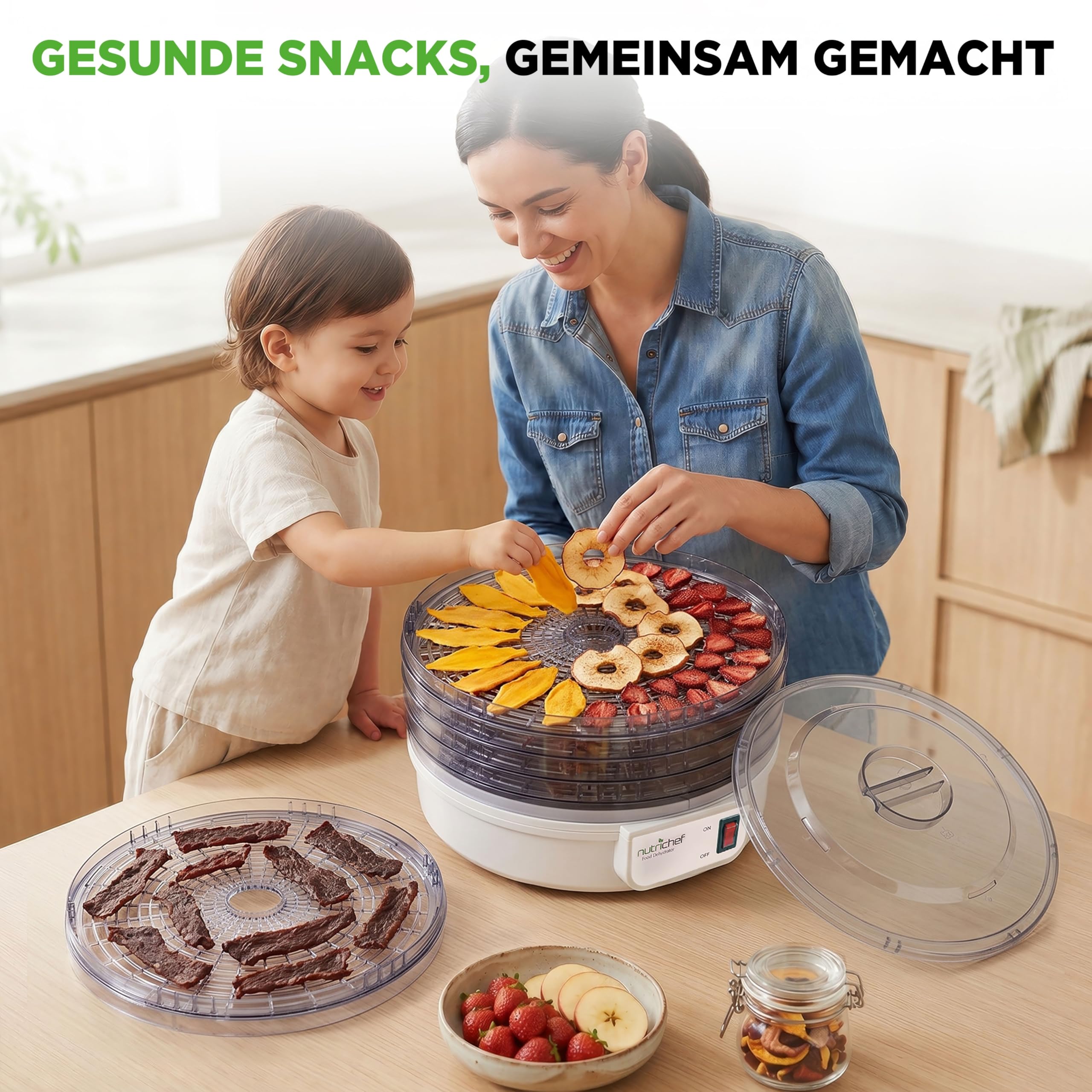 Nutrichef Dörrautomat 5 Einschübe – Milchweiß BPA-freies Dörrgerät für Fleisch, Obst, Pilze & Gemüse, 82°C einstellbar, 600W Leistung, leise und leicht zu reinigen