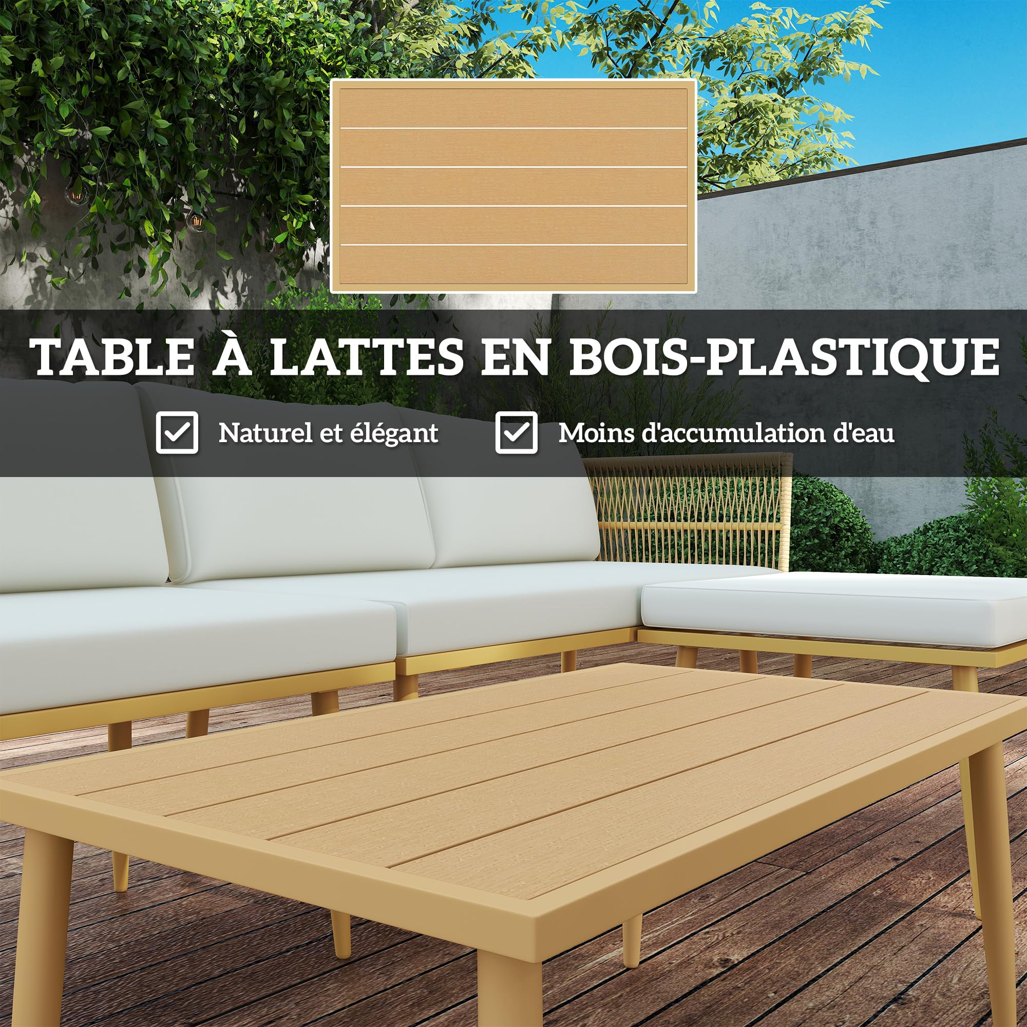 Outsunny Salon de Jardin Extérieur 5 Places Résine Tressée Modulable Crème | Mobilier de Jardin, 2 Canapés, Pouf, Table Basse, Coussins Déhoussables Inclus, pour Balcon Terrasse Véranda