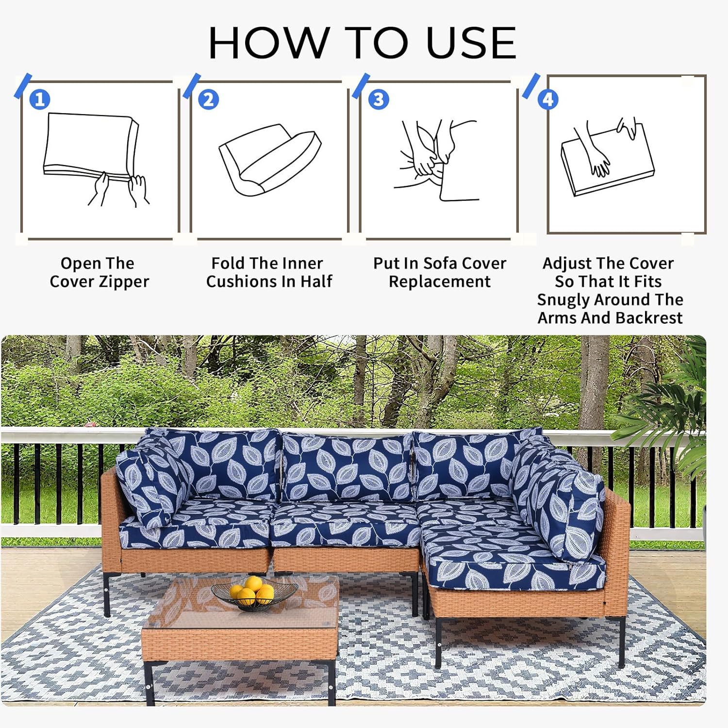 10Pcs Patio Cushion Covers Outdoor Couch Cushions Covers Replacement with Zippers Splashproof Sofa Slipcovers for 4-Seater Sectional Couch Patio Furniture Protector (Cover Only)