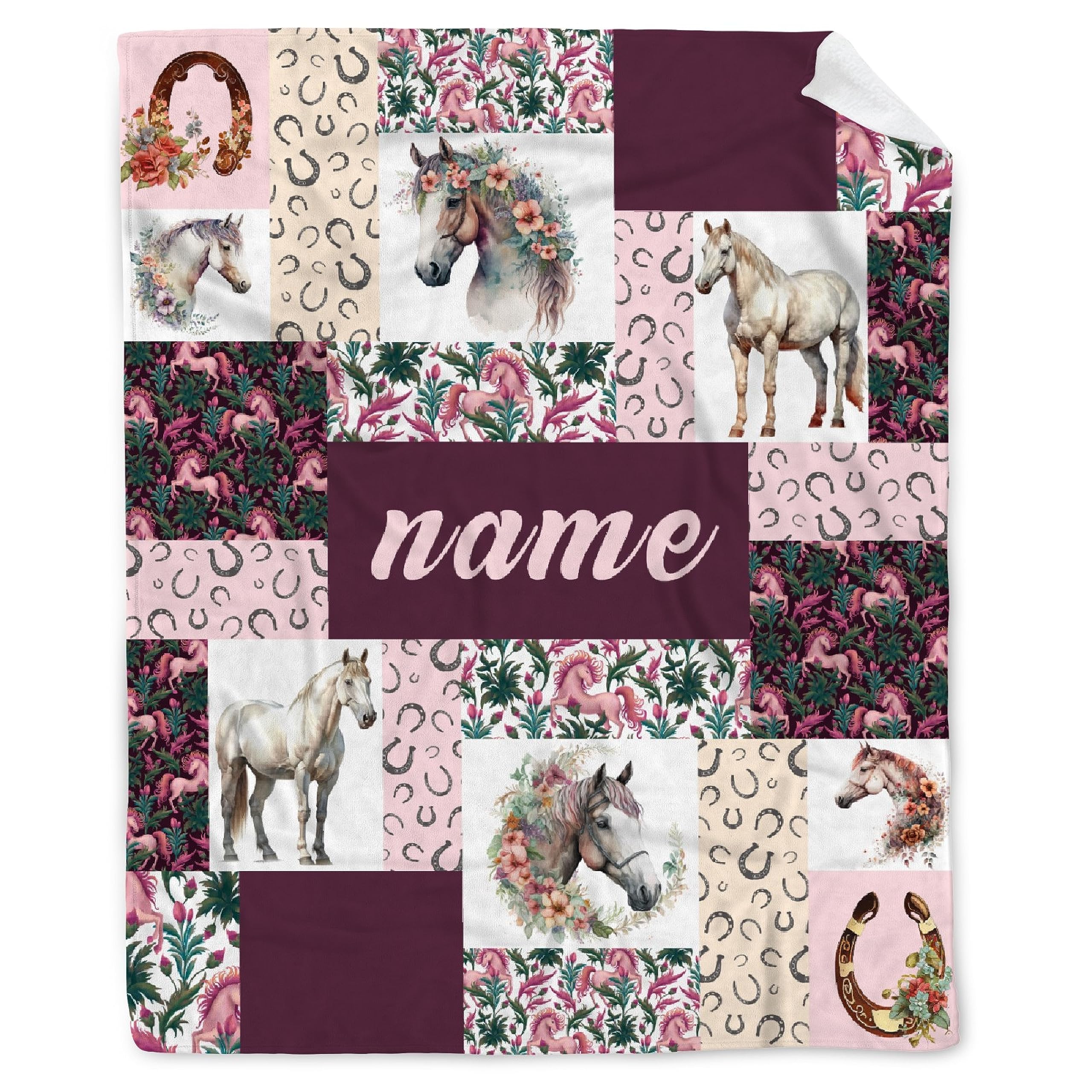 BUYYET Horse Print Checkered Custom Fleece Flannel Blanket Horse Blanket for Girls Women Horse Lovers Gift Beautiful Horse Decor Cute Farm Animal Floral Blanket for Couch Bed 60''x 80'' for Adult