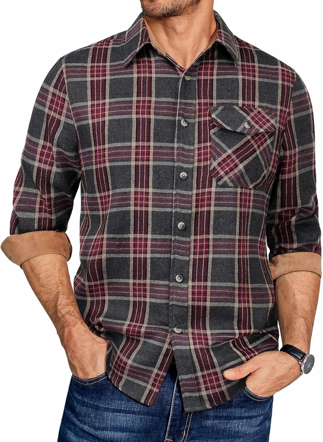 COOFANDY Men's Flannel Long Sleeve Button Down Casual Plaid Shirt With Pocket