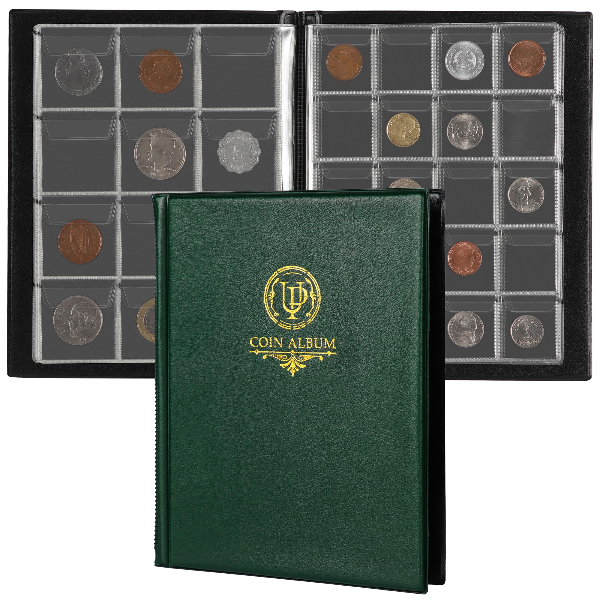 160 Pockets Coin Album - 10 Sheets Mixed Sizes Coin Holder 45x43/33x33 mm Collecting Grid for Pounds Pence Cents (Green) CS48160GR