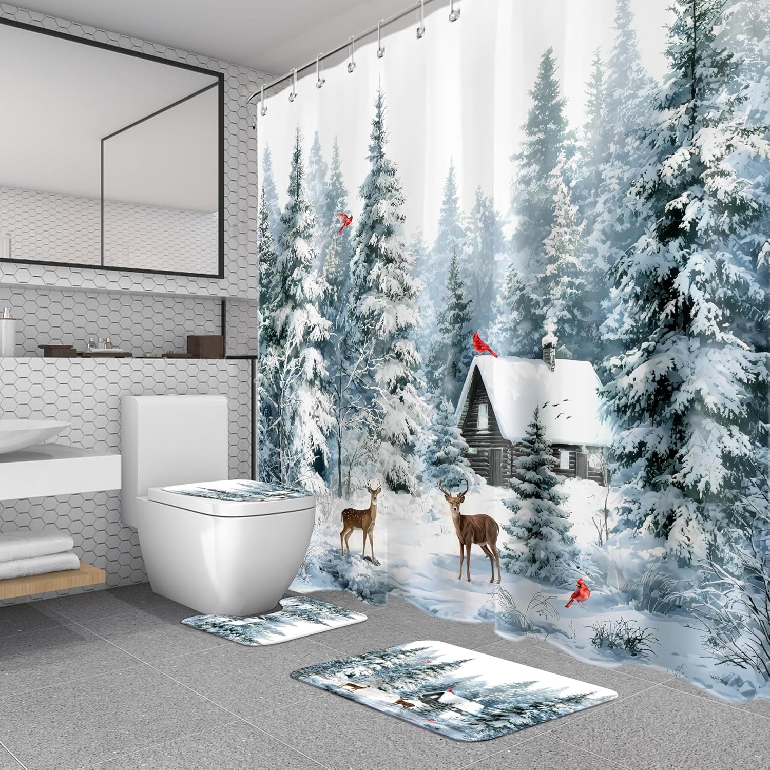 4 Pcs Winter Deer Bathroom Set with Shower Curtain and Rugs, Snowy Pine Forest Rustic Cabin Holiday Decor Shower Curtain Bathroom Rugs Toilet Seat Bath Mat, 72x72 Inch