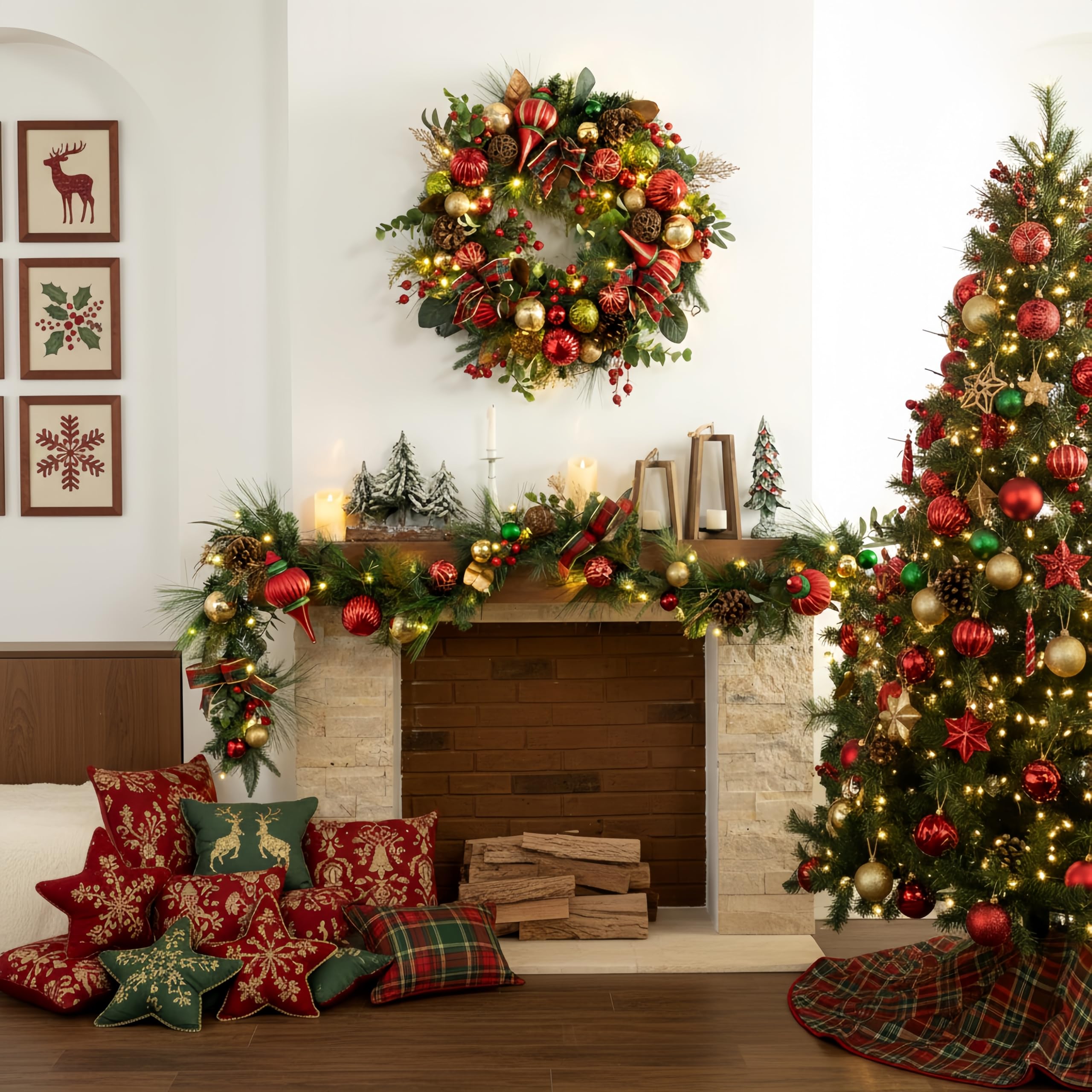 Couronne De Noël Lumineuse 46cm Avec LED - Pommes De Pin, Feuilles Vertes, Perce-neige Rouge - Pour Porte, Fenêtre, Mur