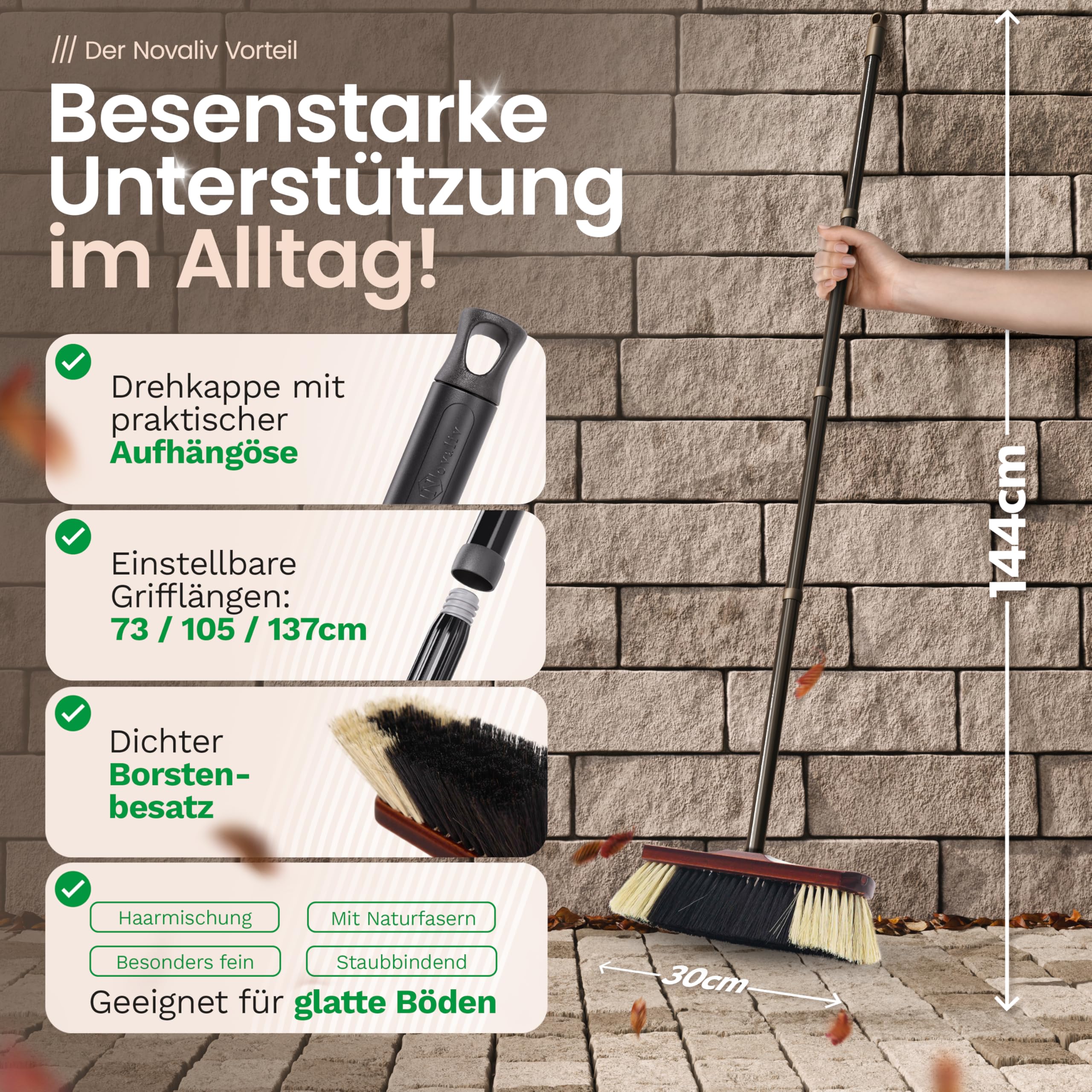 Novaliv 2X Zimmerbesen mit Stiel stabil ROSSHAAR Mischung Besen weiche Borsten Schrankbesen 4 TLG Steckstiel Gemischter Naturbesen Besen für Laminat und Parkett Rosshaarbesen Naturborsten Stubenbesen