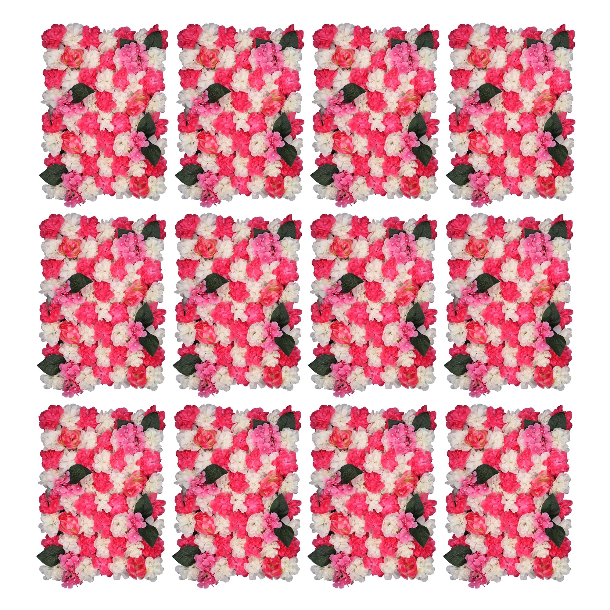 Trimming Shop Artificial Flowers Wall Panels DIY Fake Flower Wall Silk Flower Romantic Floral Backdrop for Wedding, Birthday Party, 60cm x 40cm, Hot Pink, Rose Pink & White with Leaves, 12pcs