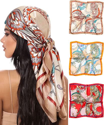 AWAYTR 35” Large Square Satin Head Scarf - 3Pcs Satin