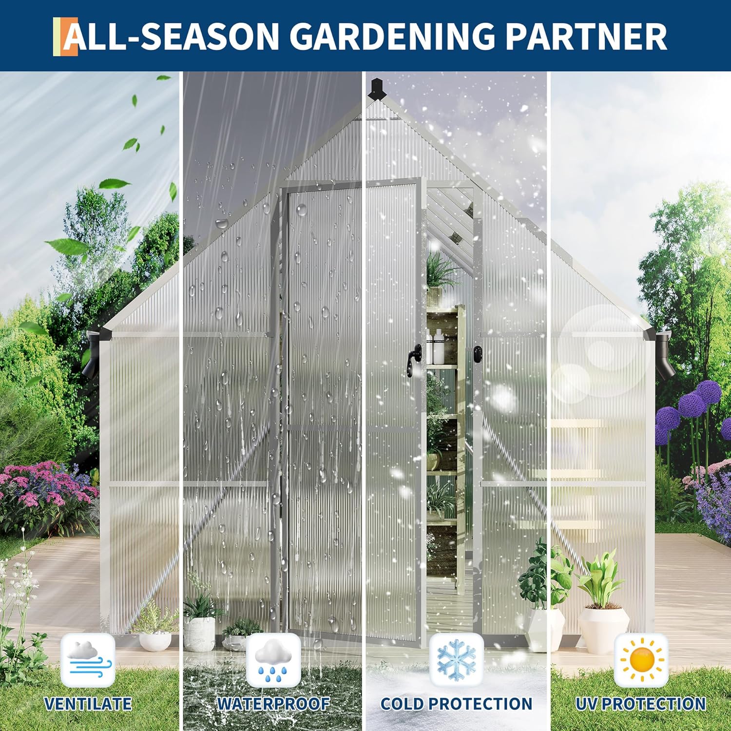 Polycarbonate Greenhouse for Outdoors, Large Walk-InGreenhouse with Quick Setup Structure and Roof Vent, Greenhouse with Ventilation