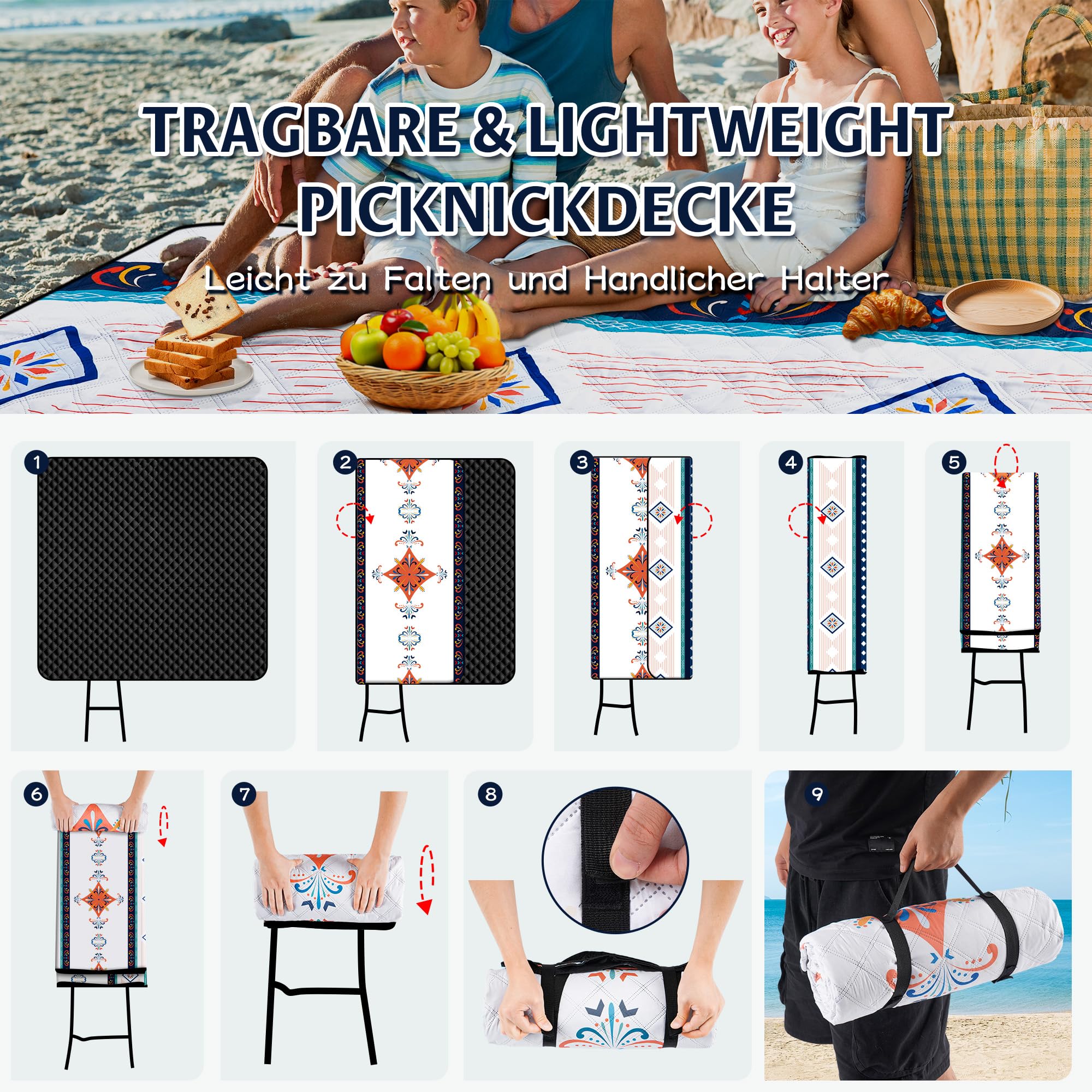 Coperta Picnic Impermeabile 200x200cm Pieghevole con Manico Blu