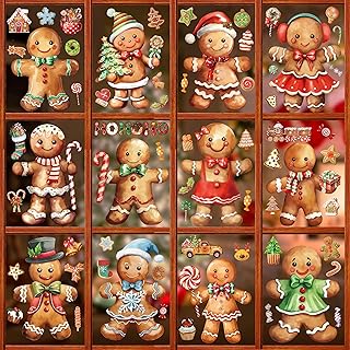12 Sheets Christmas Window Clings, Xmas Gingerbread Candy Decals Stickers, Removable Holiday Decorations for Glass Windows, Home Office Decor