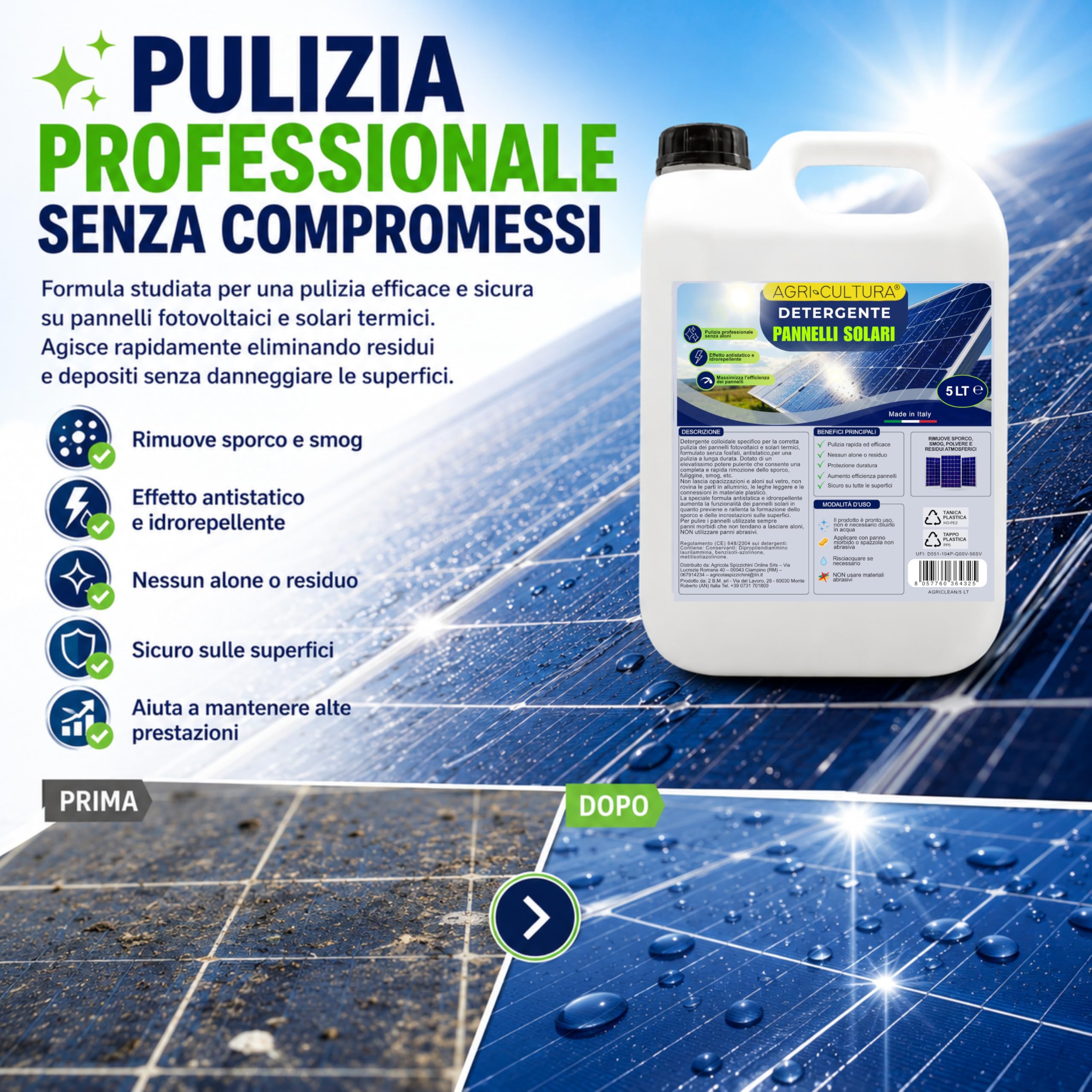 Detergente Pannelli Fotovoltaici 5L Antistatico Senza Aloni