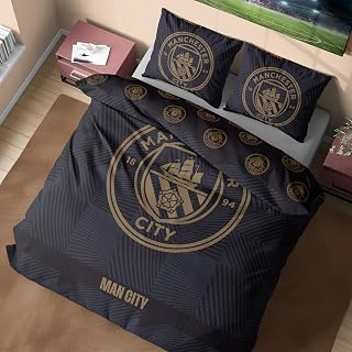 Manchester City FC Double Duvet Cover Set, Reversible Football Bedding Set with Pillowcases, Ultra Soft & Durable Duvet Quilt Cover (Black Manchester City, Double)