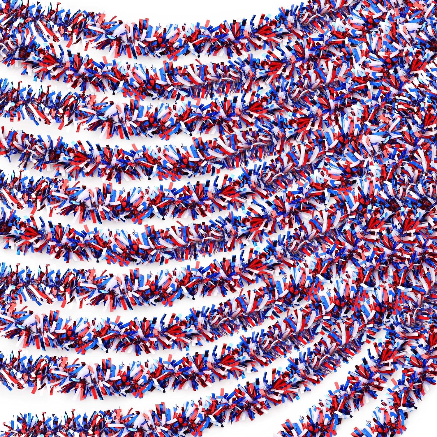 WILLBOND 24 Pcs 157 FT 4th of July Patriotic Tinsel Garland 250th Anniversary Red White and Blue Metallic Glitter Garland, Fuller No-shed, Adjustable for Indoor Outdoor Independence Day Party Decor