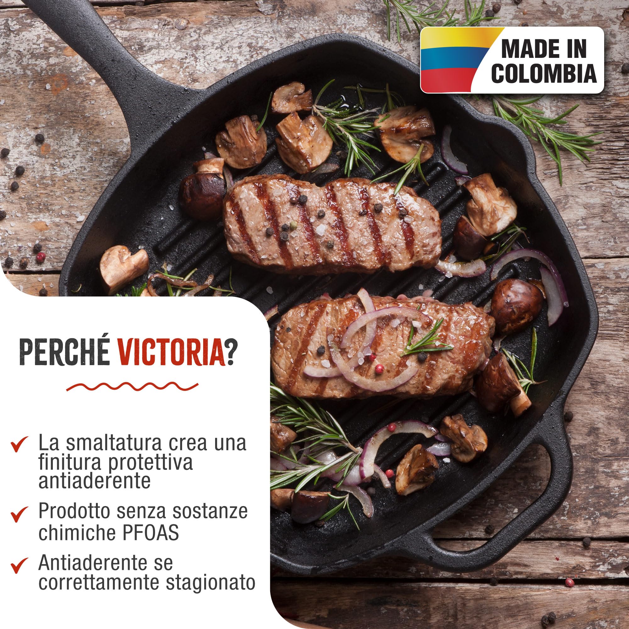 VICTORIA Padella Bistecchiera in Ghisa Smaltata Induzione da 25x25 cm, Adatta per, Fuoco, Barbecue, Forno, Vetroceramica e Gas, Cast Iron Skillet Senza Sostanze Tossiche, Senza PTFE e PFOA
