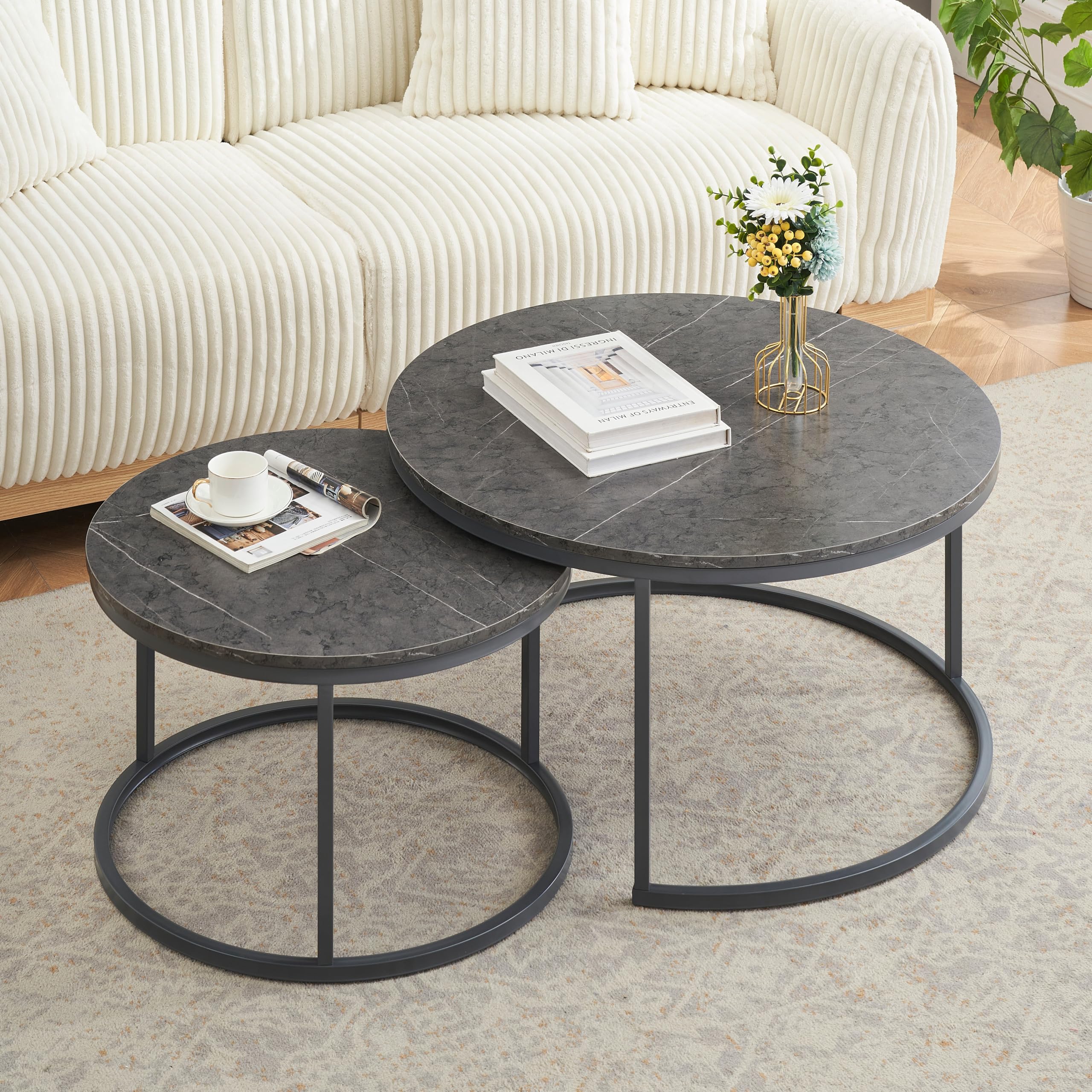 Couchtisch Set Grau Marmor Optik, Wohnzimmertisch für Couch, Grau Marmoroptik und Dunkelgrau Stahl Gestell Runder Tisch Wohnzimmer Modern, Ø80 * H45+ Ø60 * H35