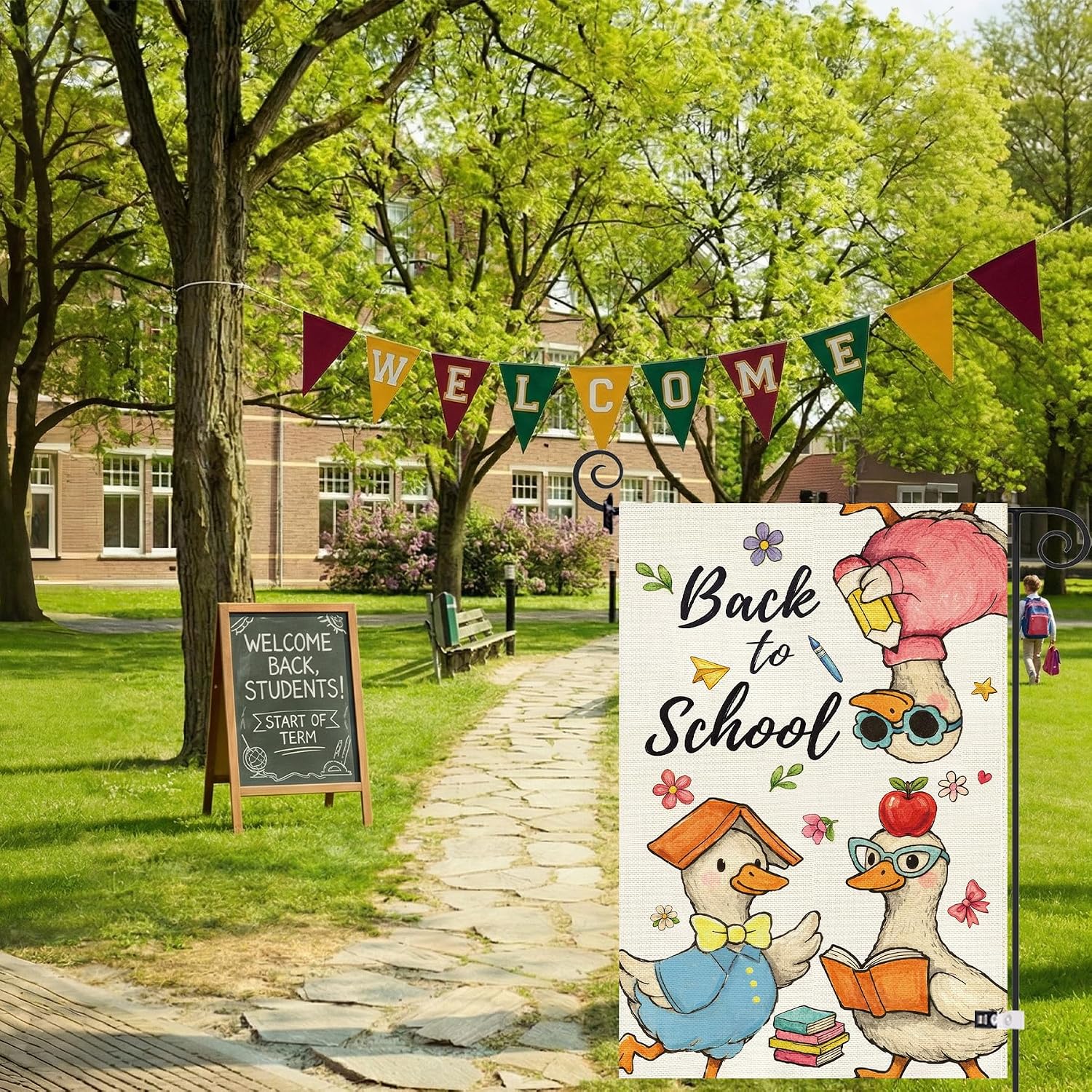 Baccessor Back to School Garden Flag 12.5 x 18 Inch Double Sided Burlap Three Ducks Books Pencil Apple Students First Day of School Classroom Yard Flag Fall Holiday Outdoor Outside Decoration image 5