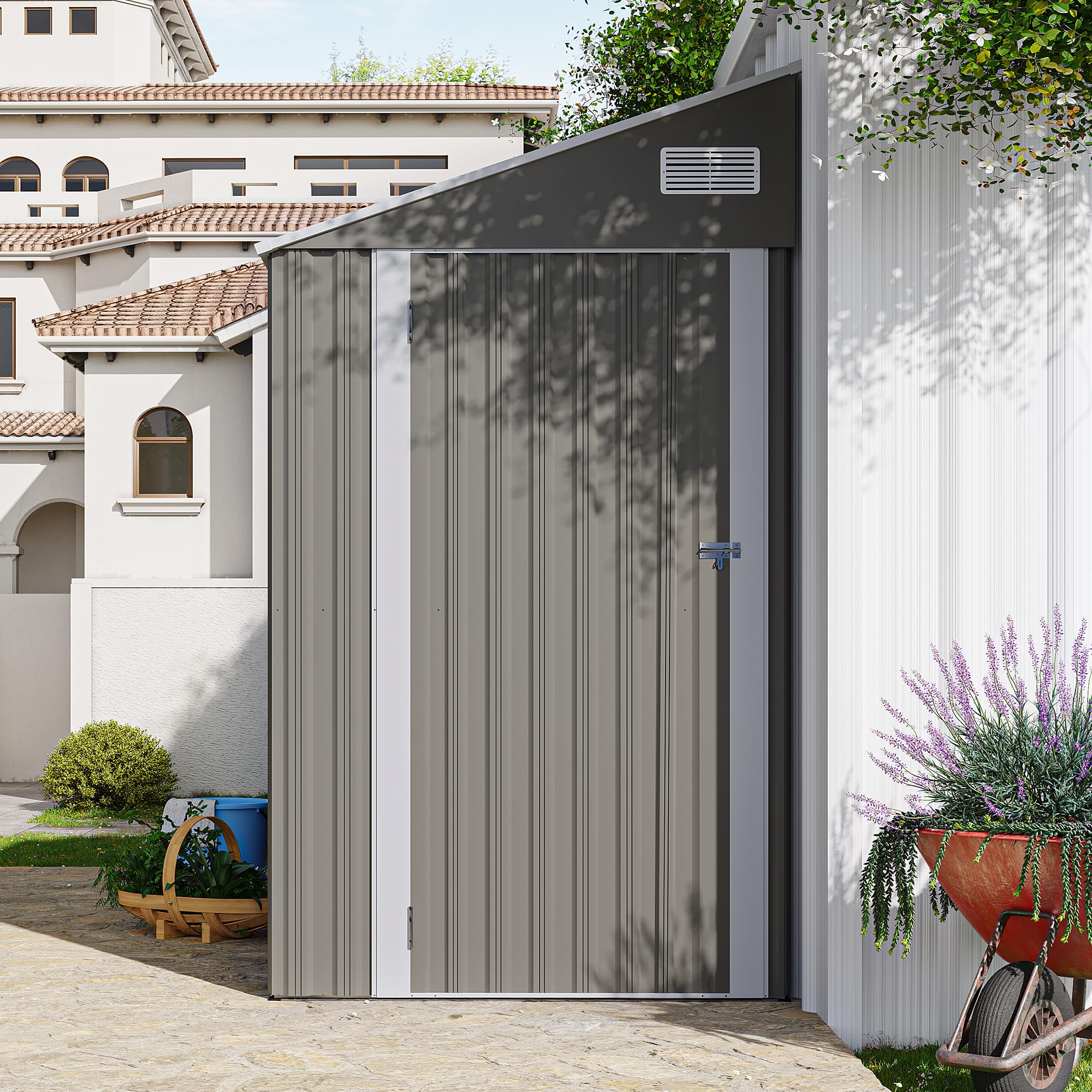 KEIKI 4' x 8' Outdoor Metal Storage Shed, Lean-to Garden Shed with Single Hinge Door & Ventilation, All-Weather Utility Shed for Bikes, Toys, Garbage Cans, Tools (Dark Gray)