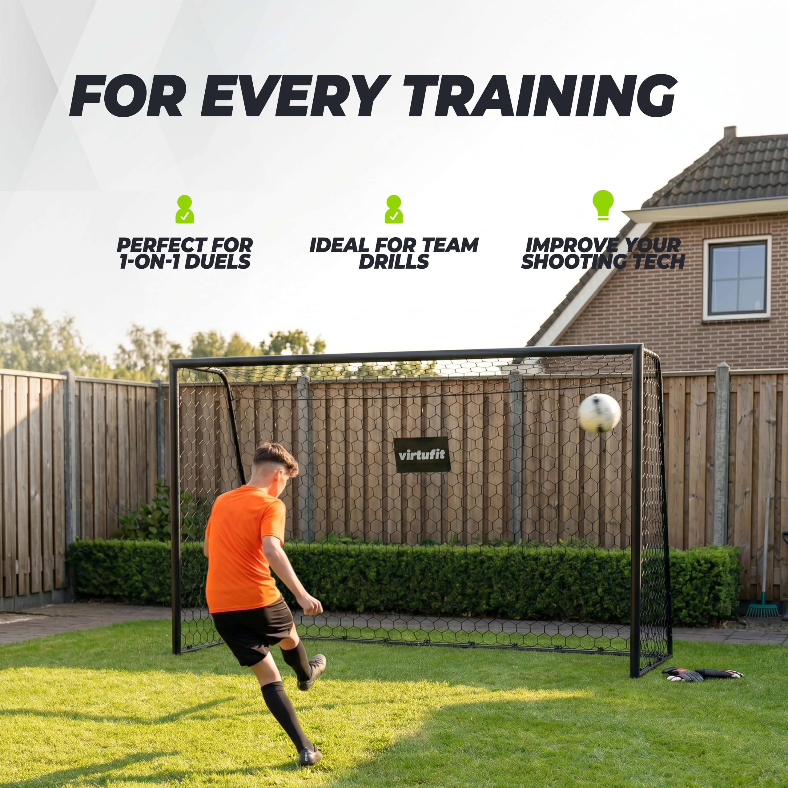 VirtuFit Porta da calcio Premium 240 x 160 x 85 cm – Porta da calcio stabile in acciaio – resistente alle intemperie, con rete e ancoraggi a terra – per bambini, ragazzi e adulti – ideale per