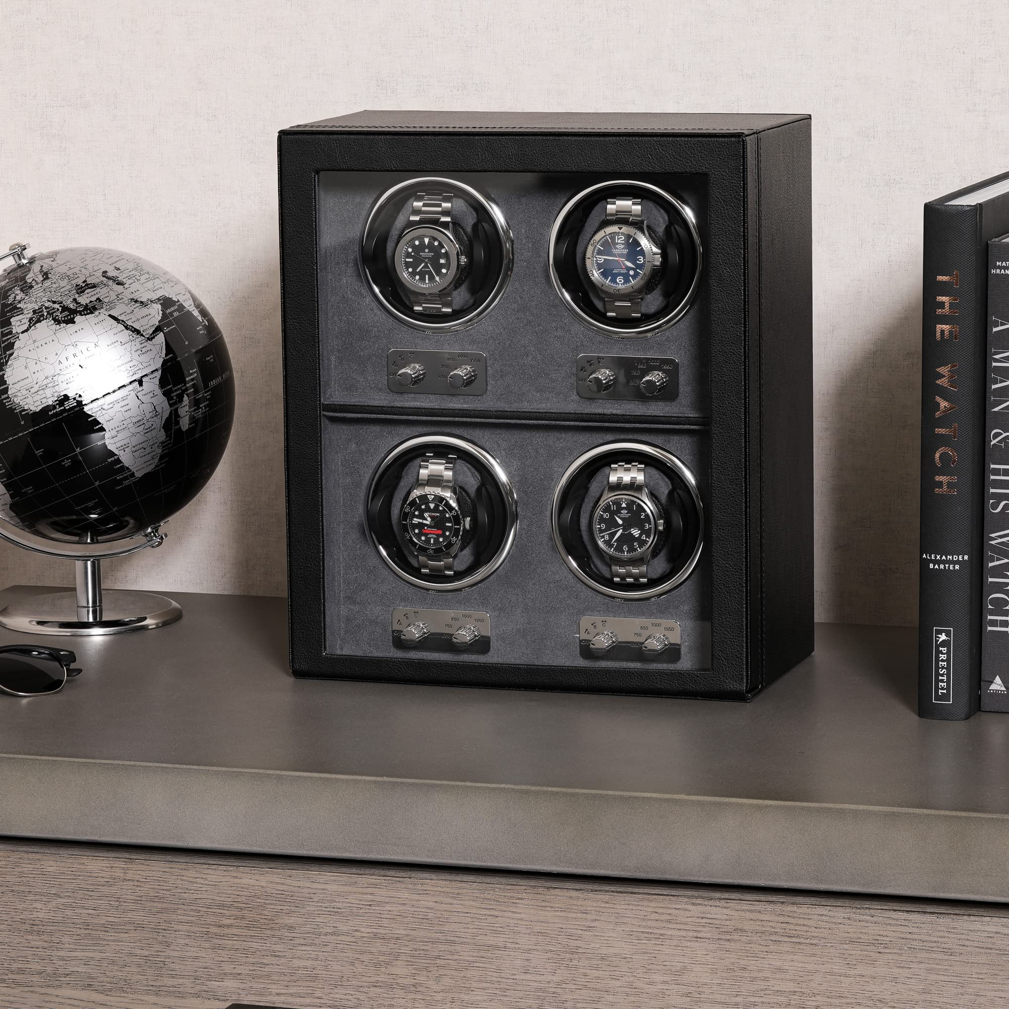 ROTHWELL 4 Watch Winder for Automatic Watches with Quiet Motor with Multiple Speeds and Rotation Settings (Black/Grey)