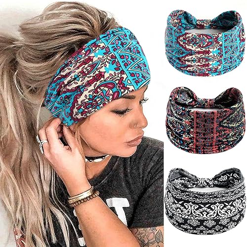 FULZTEY Diademas bohemias para mujer, bandas anchas para la cabeza clásica, con estampado floral, bandana anudada, antideslizante, turbante