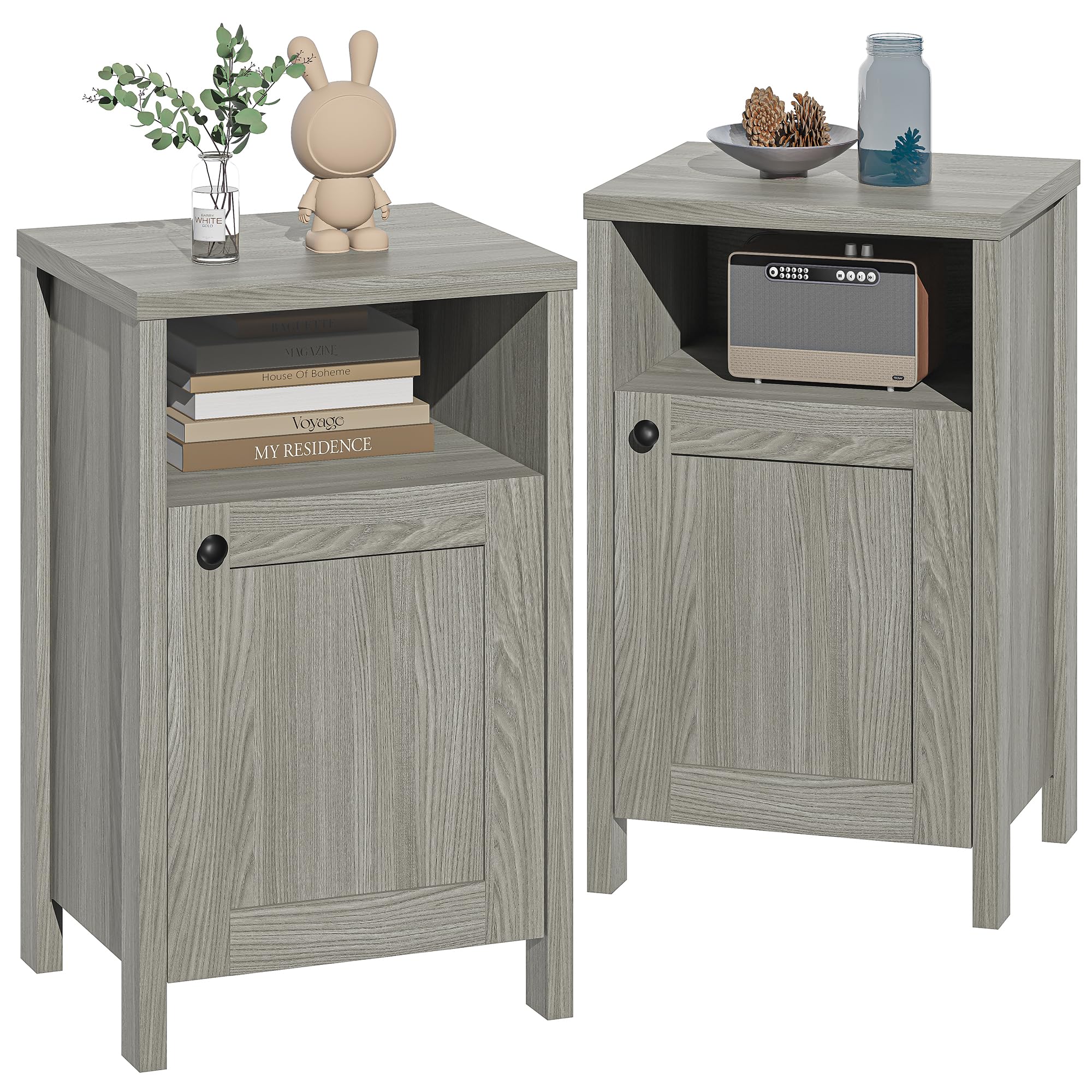 furtble Nightstands Set of 2, Farmhouse End Table, Rustic Sofa Side Table with Storage Shelf, Mid Century Modern Night Stand, Wooden Bedside Furniture for Bedroom, Living Room, Grey Oak