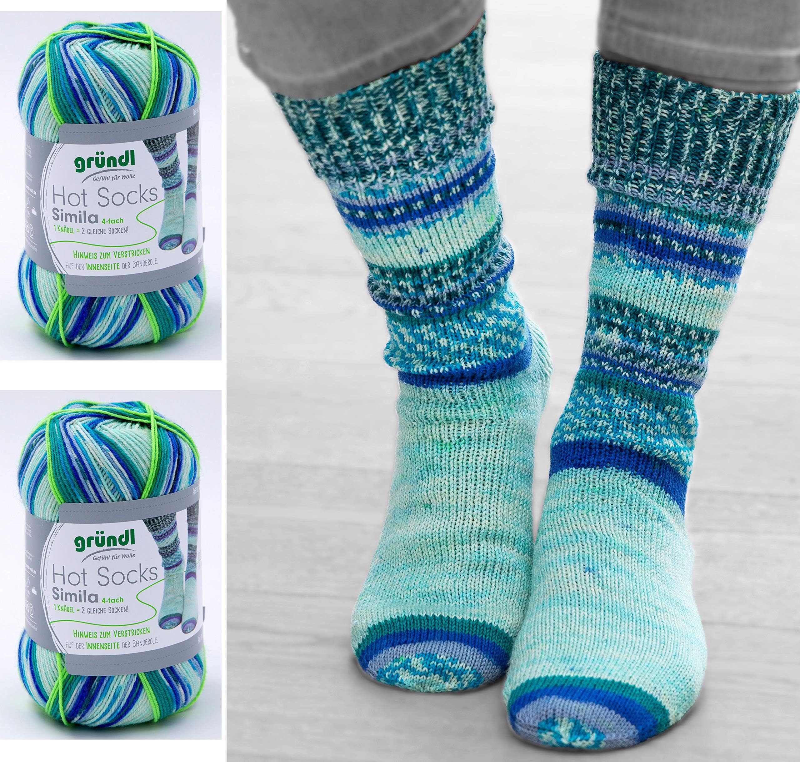 2 x 100 g Gründl Simila sock wool, 300 series, 1 ball = 2 same socks + 2 rhinestones to sew on (305).