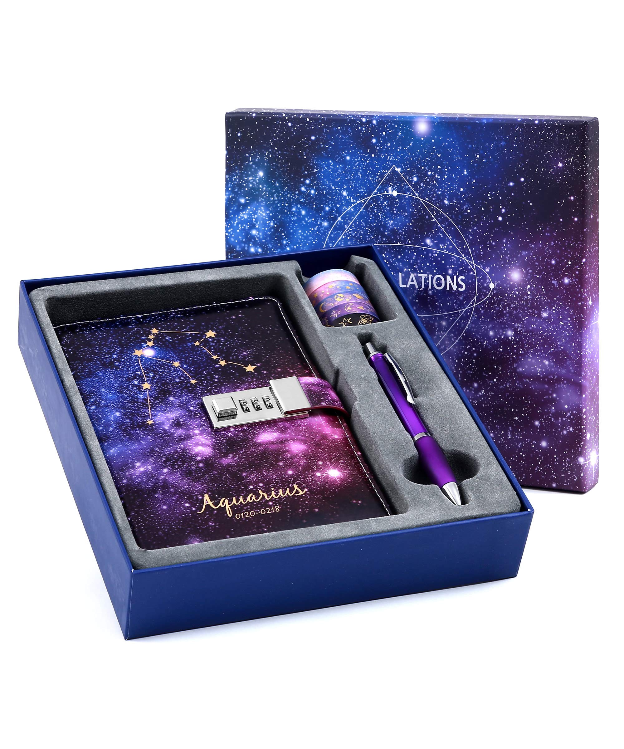 CAGIEStarry Constellation Lock Diary Set Gift Box with Pen & Tapes Secret Diary with Lock for Kids Girls Women Purple Journal Kit with Lock for Anniversary Birthday Holiday(Aquarius